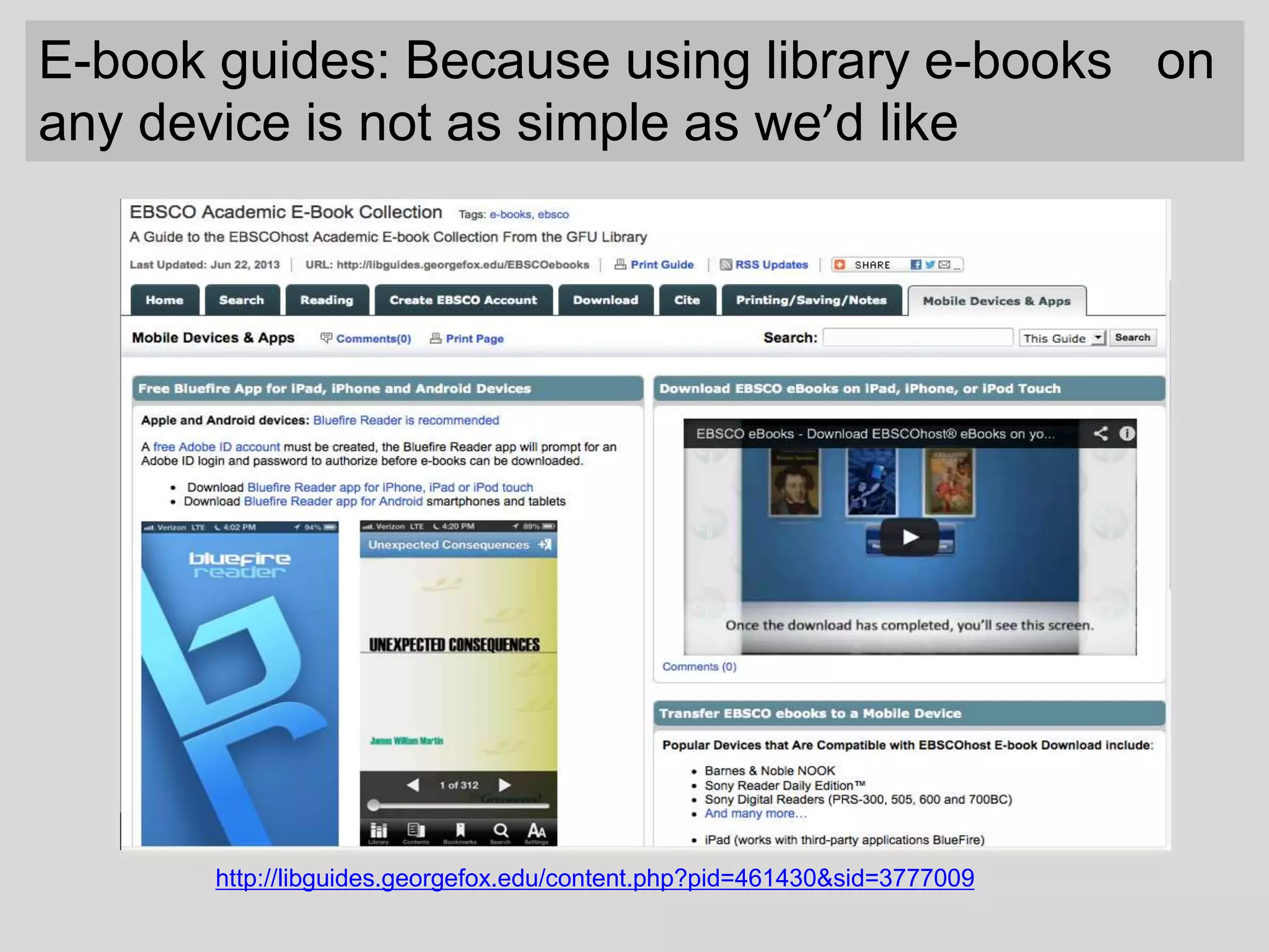 http://libguides.georgefox.edu/content.php?pid=461430&sid=3777009
E-book guides: Because using library e-books on
any device is not as simple as we’d like
 