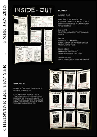 CHRISTINELEEYETYEE.FNBEJAN2015
BOARD 1: 
INSIDE OUT
explanation about the
material itself- plastic tube/
characteristics / limitation/
possibilities
concept
restoring force/ deforming
force
Theme
inside out/ method/
interaction of rubber sheet
and plastic tube
technique
in & out/ clipping/
compressing / cutting
composition
10th artwork/ 11th artwork
BOARD 2: 
details / design principle /
design elements
explanation about the 9
artworks with their design
principles and elements and
how the design components
was being portrayed.
 