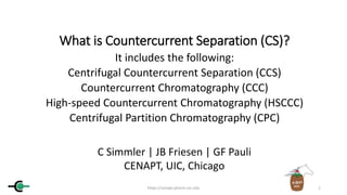 What is Countercurrent Separation (CS)?
It includes the following:
Centrifugal Countercurrent Separation (CCS)
Countercurrent Chromatography (CCC)
High-speed Countercurrent Chromatography (HSCCC)
Centrifugal Partition Chromatography (CPC)
1https://cenapt.pharm.uic.edu
C Simmler | JB Friesen | GF Pauli
CENAPT, UIC, Chicago
 