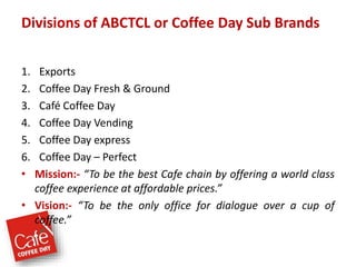 Divisions of ABCTCL or Coffee Day Sub Brands
1. Exports
2. Coffee Day Fresh & Ground
3. Café Coffee Day
4. Coffee Day Vending
5. Coffee Day express
6. Coffee Day – Perfect
• Mission:- “To be the best Cafe chain by offering a world class
coffee experience at affordable prices.”
• Vision:- “To be the only office for dialogue over a cup of
coffee.”
 