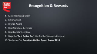 Recognition & Rewards
4. Most Promising Talent
5. Silver Award
6. Bronze Award
7. Best Signature Beverage
8. Best Barista Technique
9. Bags the ‘Best Coffee Bar’ title for the 3 consecutive year.
10. Top honors' at Coca Cola Golden Spoon Award 2010
 