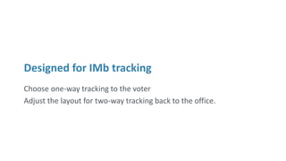 Designed for IMb tracking
Choose one-way tracking to the voter
Adjust the layout for two-way tracking back to the office.
 