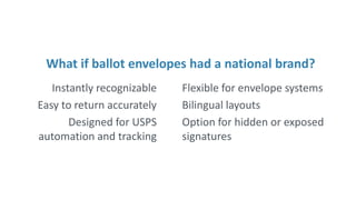 What if ballot envelopes had a national brand?
Instantly recognizable
Easy to return accurately
Designed for USPS
automation and tracking
Flexible for envelope systems
Bilingual layouts
Option for hidden or exposed
signatures
 