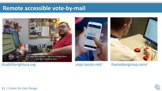 23 | Center for Civic Design
Remote accessible vote-by-mail
disabilityrightsca.org vsap.lavote.net/ fivecedarsgroup.com/
 