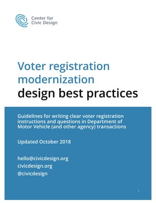Voter registration
modernization
design best practices
Guidelines for writing clear voter registration
instructions and qu...