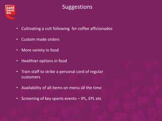 Suggestions
• Cultivating a cult following for coffee afficionados
• Custom made orders
• More variety in food
• Healthier options in food
• Train staff to strike a personal cord of regular
customers
• Availability of all items on menu all the time
• Screening of key sports events – IPL, EPL etc
 