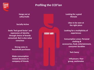 Hangs out at
cafes/malls
Looking for a good
lifestyle
Looking for a multiplicity of
experiences
Seeks 'feel-good factor' and
expression of identity
through choice of brands
consumed. But is also value
conscious
Likes to be seen at
the right placeSocially Active
Profiling the CCD’ian
Strong voice in
household purchases
Consumption areas: Personal
clothing &
accessories, food, entertainment,
consumer durables
Make consumption
related decisions in
company of friends
Tech Savvy
Influencers: Peer
group, workmates
 