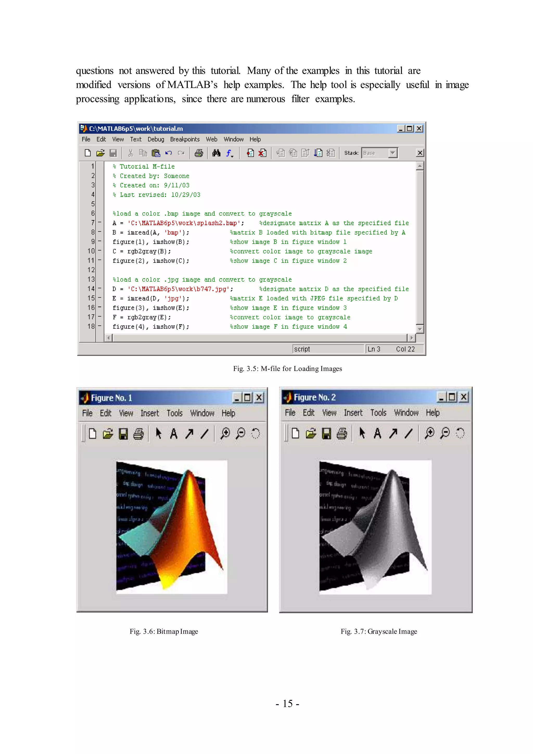 - 15 -
questions not answered by this tutorial. Many of the examples in this tutorial are
modified versions of MATLAB’s help examples. The help tool is especially useful in image
processing applications, since there are numerous filter examples.
Fig. 3.5: M-file for Loading Images
Fig. 3.6: BitmapImage Fig. 3.7: Grayscale Image
 
