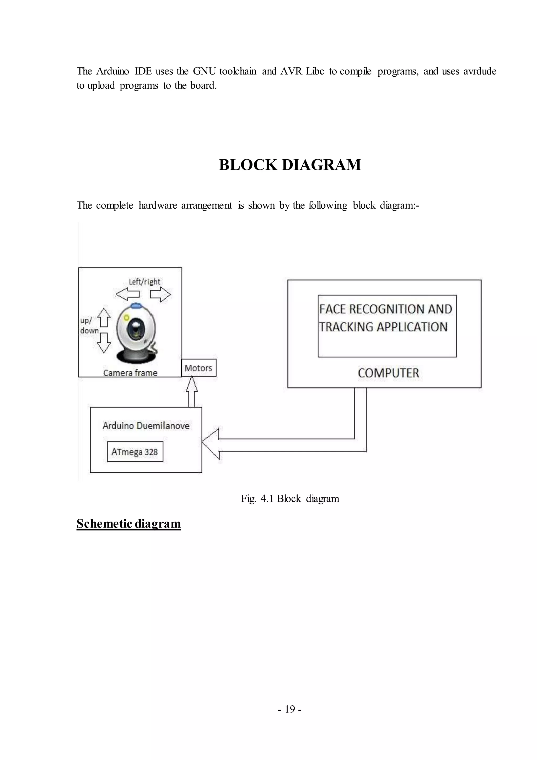 - 19 -
The Arduino IDE uses the GNU toolchain and AVR Libc to compile programs, and uses avrdude
to upload programs to the board.
BLOCK DIAGRAM
The complete hardware arrangement is shown by the following block diagram:-
Fig. 4.1 Block diagram
Schemetic diagram
 