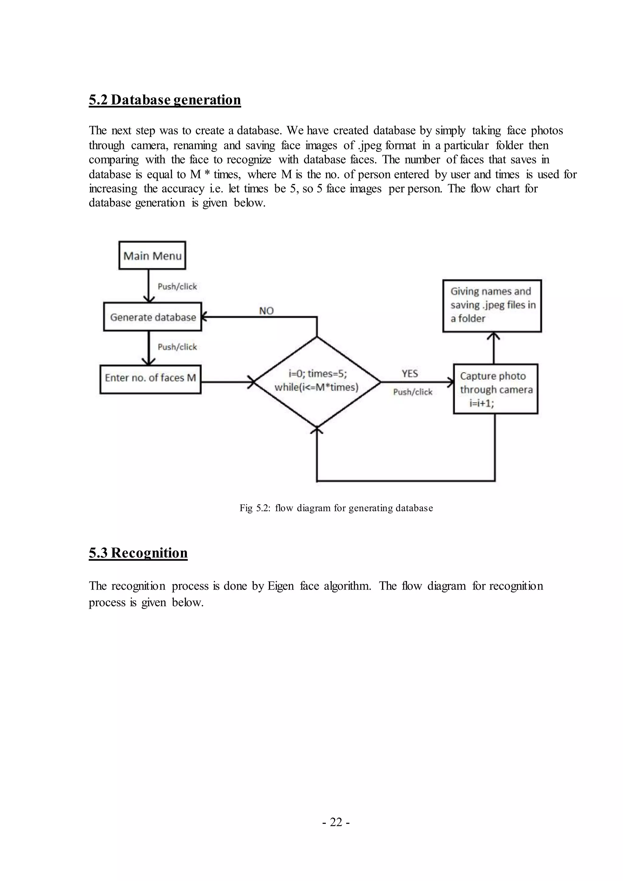 - 22 -
5.2 Database generation
The next step was to create a database. We have created database by simply taking face photos
through camera, renaming and saving face images of .jpeg format in a particular folder then
comparing with the face to recognize with database faces. The number of faces that saves in
database is equal to M * times, where M is the no. of person entered by user and times is used for
increasing the accuracy i.e. let times be 5, so 5 face images per person. The flow chart for
database generation is given below.
Fig 5.2: flow diagram for generating database
5.3 Recognition
The recognition process is done by Eigen face algorithm. The flow diagram for recognition
process is given below.
 