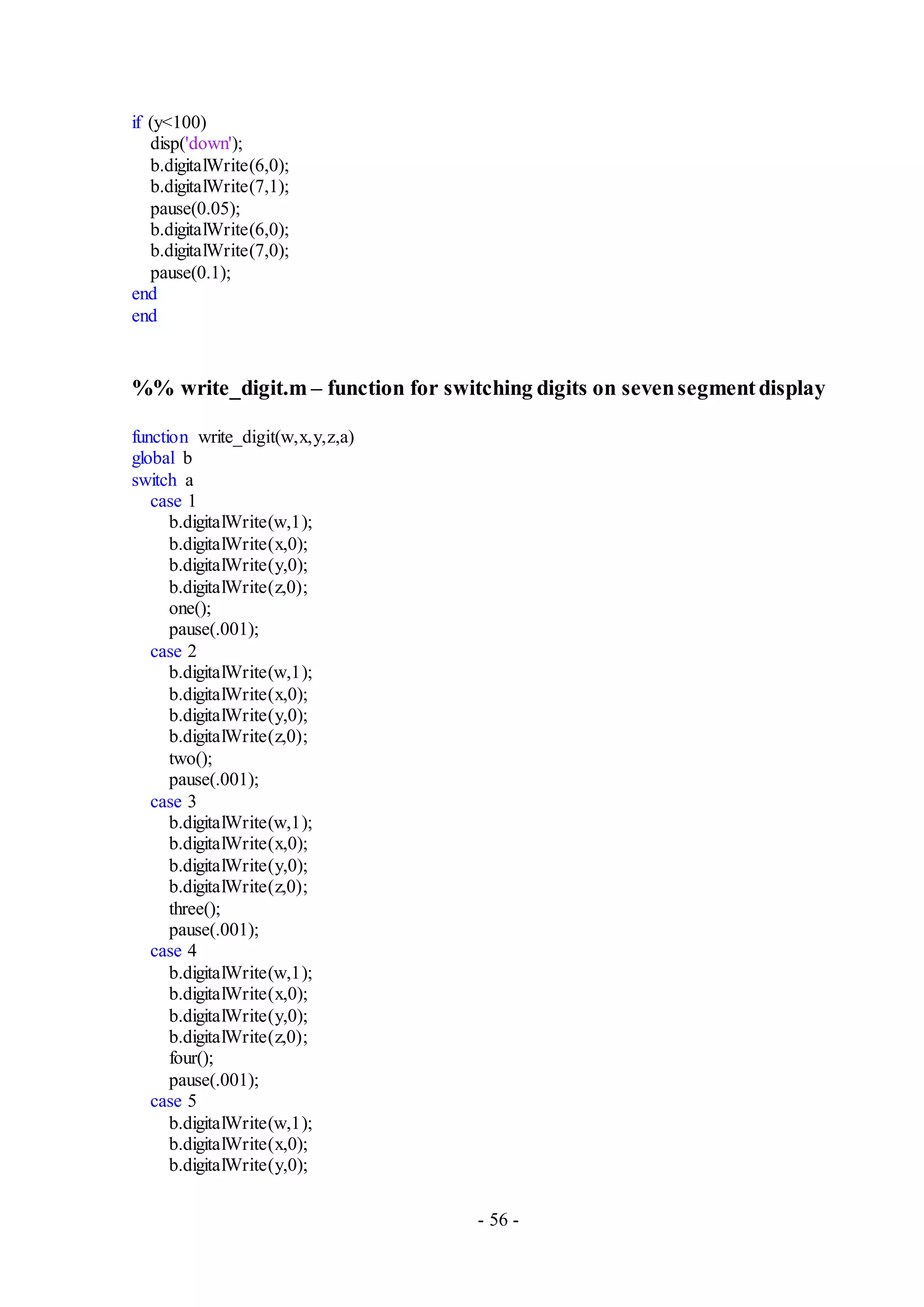- 56 -
if (y<100)
disp('down');
b.digitalWrite(6,0);
b.digitalWrite(7,1);
pause(0.05);
b.digitalWrite(6,0);
b.digitalWrite(7,0);
pause(0.1);
end
end
%% write_digit.m – function for switching digits on sevensegmentdisplay
function write_digit(w,x,y,z,a)
global b
switch a
case 1
b.digitalWrite(w,1);
b.digitalWrite(x,0);
b.digitalWrite(y,0);
b.digitalWrite(z,0);
one();
pause(.001);
case 2
b.digitalWrite(w,1);
b.digitalWrite(x,0);
b.digitalWrite(y,0);
b.digitalWrite(z,0);
two();
pause(.001);
case 3
b.digitalWrite(w,1);
b.digitalWrite(x,0);
b.digitalWrite(y,0);
b.digitalWrite(z,0);
three();
pause(.001);
case 4
b.digitalWrite(w,1);
b.digitalWrite(x,0);
b.digitalWrite(y,0);
b.digitalWrite(z,0);
four();
pause(.001);
case 5
b.digitalWrite(w,1);
b.digitalWrite(x,0);
b.digitalWrite(y,0);
 