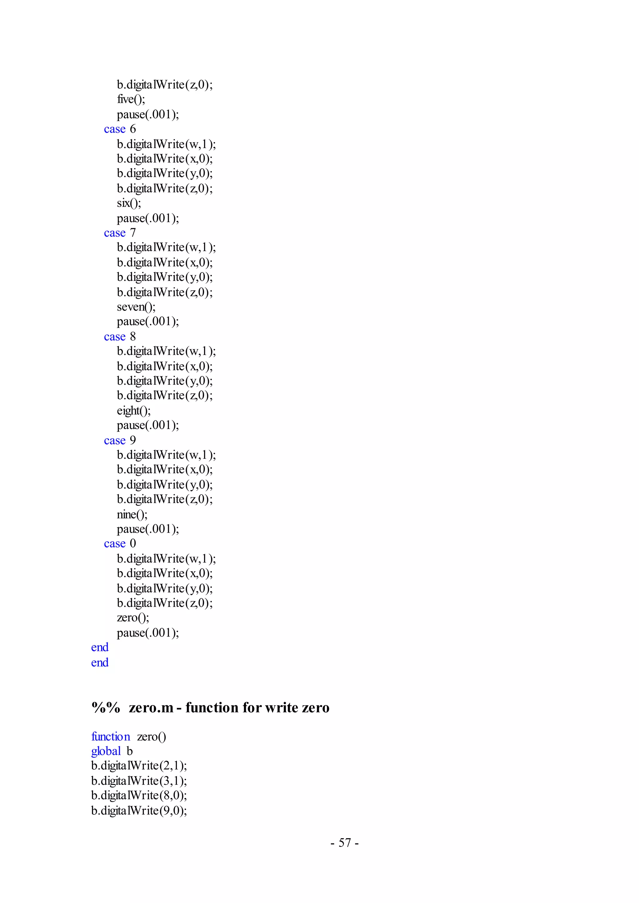 - 57 -
b.digitalWrite(z,0);
five();
pause(.001);
case 6
b.digitalWrite(w,1);
b.digitalWrite(x,0);
b.digitalWrite(y,0);
b.digitalWrite(z,0);
six();
pause(.001);
case 7
b.digitalWrite(w,1);
b.digitalWrite(x,0);
b.digitalWrite(y,0);
b.digitalWrite(z,0);
seven();
pause(.001);
case 8
b.digitalWrite(w,1);
b.digitalWrite(x,0);
b.digitalWrite(y,0);
b.digitalWrite(z,0);
eight();
pause(.001);
case 9
b.digitalWrite(w,1);
b.digitalWrite(x,0);
b.digitalWrite(y,0);
b.digitalWrite(z,0);
nine();
pause(.001);
case 0
b.digitalWrite(w,1);
b.digitalWrite(x,0);
b.digitalWrite(y,0);
b.digitalWrite(z,0);
zero();
pause(.001);
end
end
%% zero.m - function for write zero
function zero()
global b
b.digitalWrite(2,1);
b.digitalWrite(3,1);
b.digitalWrite(8,0);
b.digitalWrite(9,0);
 