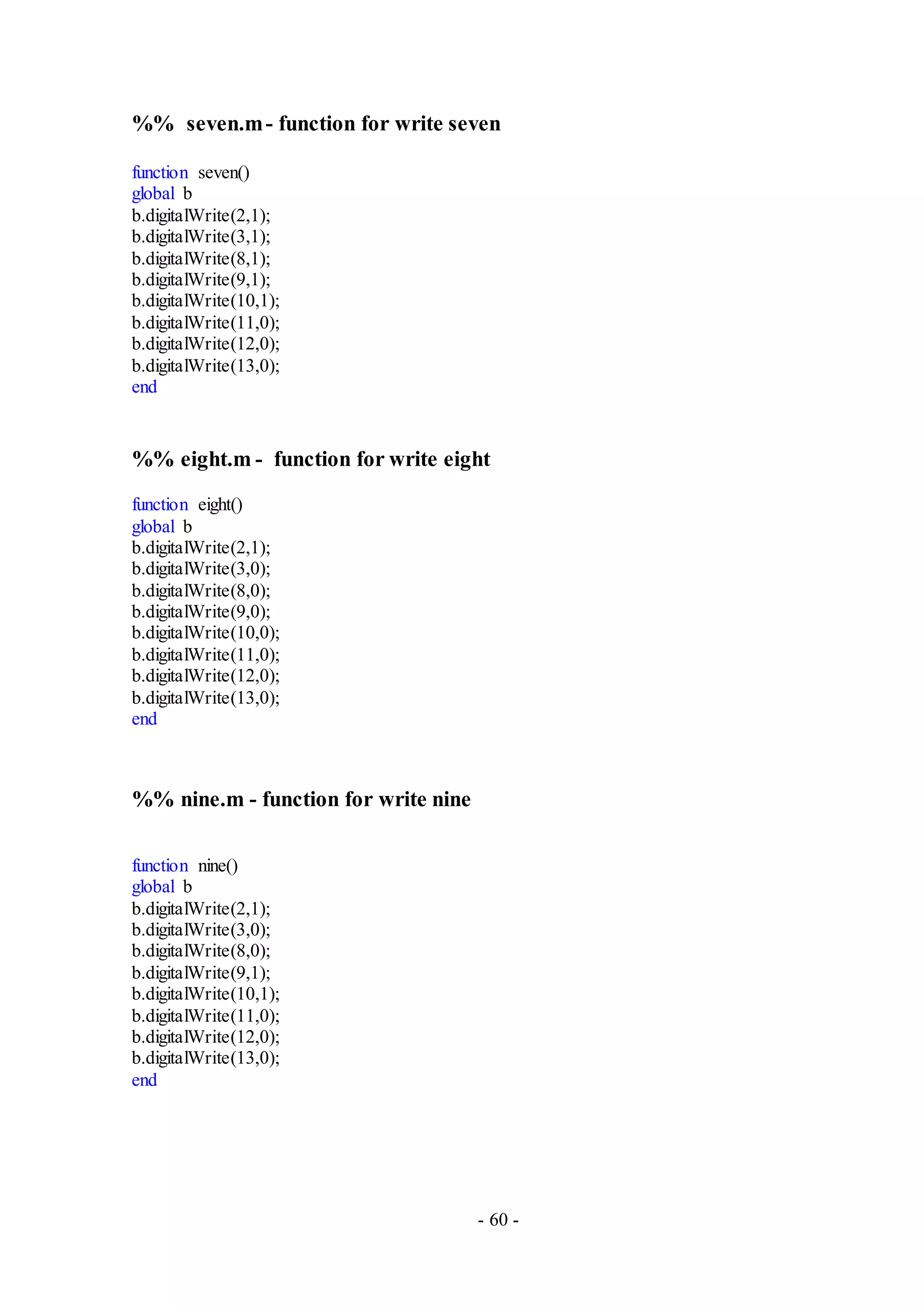 - 60 -
%% seven.m- function for write seven
function seven()
global b
b.digitalWrite(2,1);
b.digitalWrite(3,1);
b.digitalWrite(8,1);
b.digitalWrite(9,1);
b.digitalWrite(10,1);
b.digitalWrite(11,0);
b.digitalWrite(12,0);
b.digitalWrite(13,0);
end
%% eight.m - function for write eight
function eight()
global b
b.digitalWrite(2,1);
b.digitalWrite(3,0);
b.digitalWrite(8,0);
b.digitalWrite(9,0);
b.digitalWrite(10,0);
b.digitalWrite(11,0);
b.digitalWrite(12,0);
b.digitalWrite(13,0);
end
%% nine.m - function for write nine
function nine()
global b
b.digitalWrite(2,1);
b.digitalWrite(3,0);
b.digitalWrite(8,0);
b.digitalWrite(9,1);
b.digitalWrite(10,1);
b.digitalWrite(11,0);
b.digitalWrite(12,0);
b.digitalWrite(13,0);
end
 