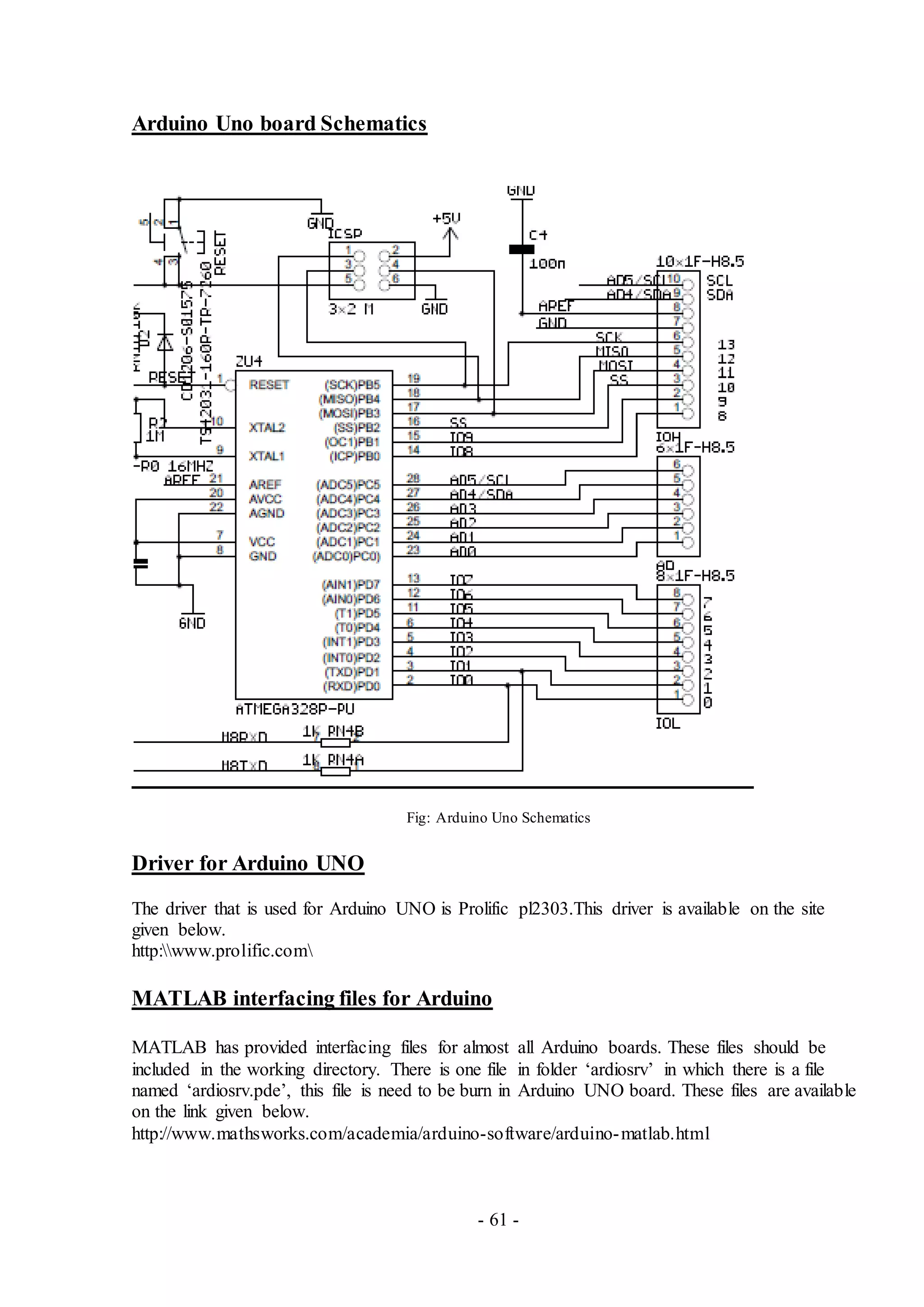 - 61 -
Arduino Uno board Schematics
Fig: Arduino Uno Schematics
Driver for Arduino UNO
The driver that is used for Arduino UNO is Prolific pl2303.This driver is available on the site
given below.
http:www.prolific.com
MATLAB interfacing files for Arduino
MATLAB has provided interfacing files for almost all Arduino boards. These files should be
included in the working directory. There is one file in folder ‘ardiosrv’ in which there is a file
named ‘ardiosrv.pde’, this file is need to be burn in Arduino UNO board. These files are available
on the link given below.
http://www.mathsworks.com/academia/arduino-software/arduino-matlab.html
 