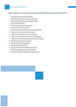 56
z a ł ąc z n i k n r 6
Wykaz organów i instytucji, którym przekazano informację o wynikach kontroli
1.	 Prezydent Rzeczypospolitej Polskiej
2.	Marszałek Sejmu Rzeczypospolitej Polskiej
3.	Marszałek Senatu Rzeczypospolitej Polskiej
4.	 Prezes Rady Ministrów
5.	 Prezes Trybunału Konstytucyjnego
6.	Rzecznik Praw Obywatelskich
7.	Generalny Inspektor Ochrony Danych Osobowych
8.	Sejmowa Komisja Spraw Wewnętrznych
9.	Sejmowa Komisja Administracji i Cyfryzacji
10.	Sejmowa Komisja do Spraw Kontroli Państwowej
11.	Sejmowa Komisja Odpowiedzialności Konstytucyjnej
12.	Minister Administracji i Cyfryzacji
13.	Minister Spraw Wewnętrznych
14.	Komendant Główny Policji
15.	Szef Centralnego Biura Antykorupcyjnego
16.	Szef Biura Bezpieczeństwa Narodowego
17.	Dyrektor Centrum Projektów Informatycznych
 