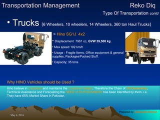 May 4, 2016May 4, 2016
Transportation ManagementTransportation Management Reko DiqReko Diq
Type Of Transportation contd
• Trucks (6 Wheelers, 10 wheelers, 14 Wheelers, 360 ton Haul Trucks)
> Hino SG1J 4x2
• Displacement 7961 cc, GVW 39,500 kg
• Max speed 102 km/h
• Usage : Fragile Items, Office equipment & general
supplies, Packages/Packed Stuff.
• Capacity; 35 tons
Why HINO Vehicles should be Used ?
Hino believe in Customer and maintains the Customer Delight, Therefore the Chain of 3S Dealership,
Technical Assistance and Forecasting the NEED of OUR BUSINESS has been Identified by them, i.e.
They have 65% Market Share in Pakistan.
Prepared by Jehanzaib Ahmed
 