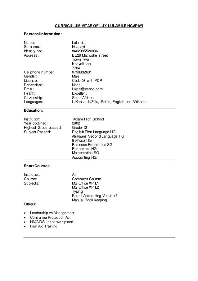 CURRICULUM VITAE OF Lulamile Lux Ncapayi