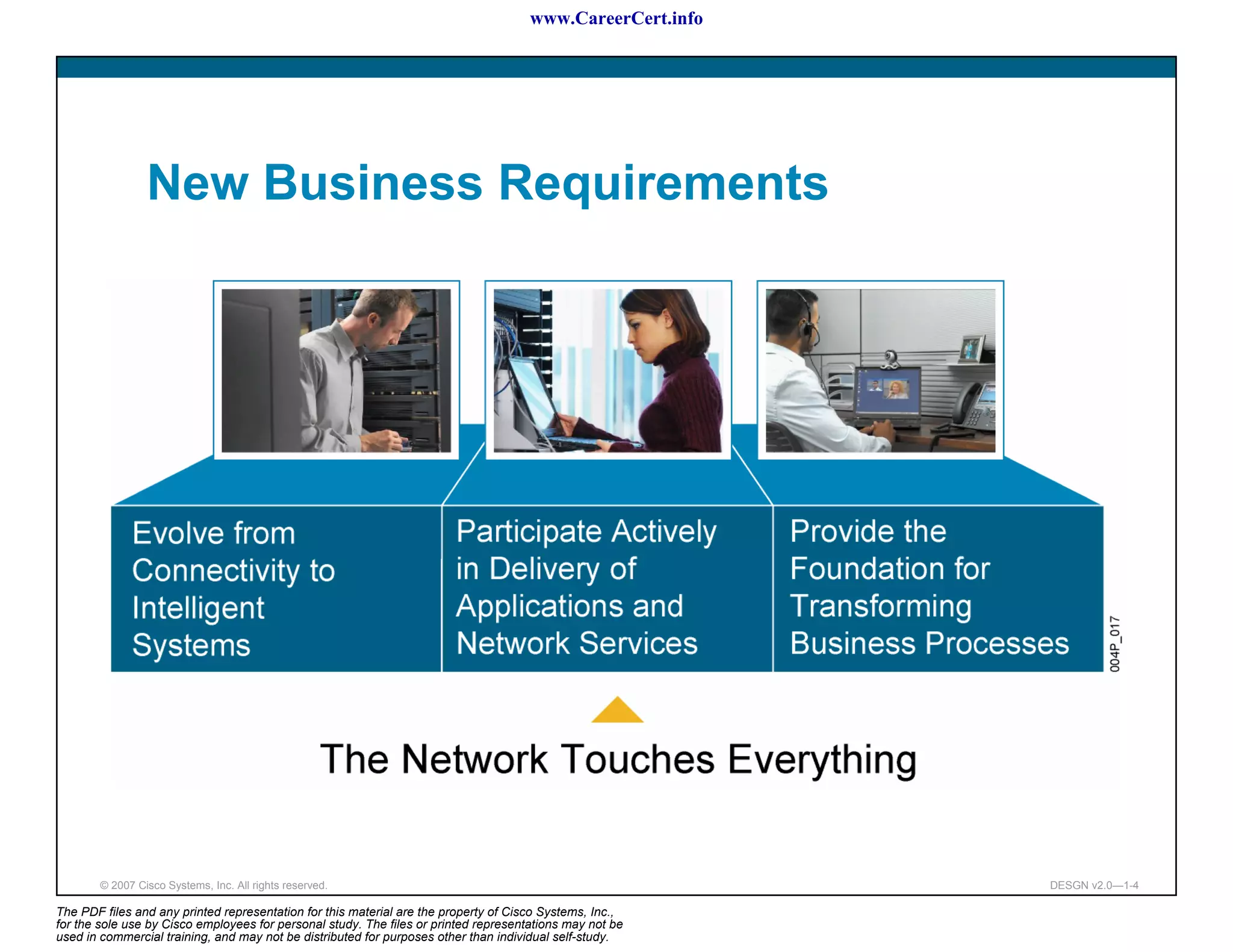 www.CareerCert.info




                 New Business Requirements




        © 2007 Cisco Systems, Inc. All rights reserved.                                                     DESGN v2.0—1-4

The PDF files and any printed representation for this material are the property of Cisco Systems, Inc.,
for the sole use by Cisco employees for personal study. The files or printed representations may not be
used in commercial training, and may not be distributed for purposes other than individual self-study.
 