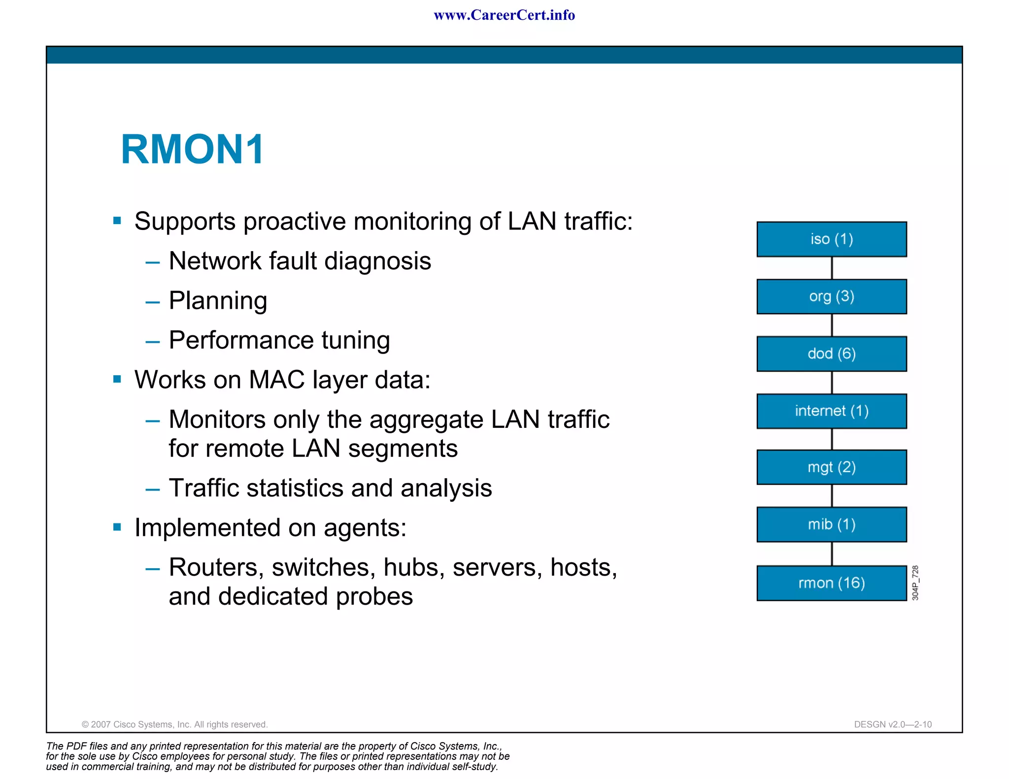 www.CareerCert.info




                 RMON1
                     Supports proactive monitoring of LAN traffic:
                        – Network fault diagnosis
                        – Planning
                        – Performance tuning
                     Works on MAC layer data:
                        – Monitors only the aggregate LAN traffic
                          for remote LAN segments
                        – Traffic statistics and analysis
                     Implemented on agents:
                        – Routers, switches, hubs, servers, hosts,
                          and dedicated probes



        © 2007 Cisco Systems, Inc. All rights reserved.                                                     DESGN v2.0—2-10

The PDF files and any printed representation for this material are the property of Cisco Systems, Inc.,
for the sole use by Cisco employees for personal study. The files or printed representations may not be
used in commercial training, and may not be distributed for purposes other than individual self-study.
 