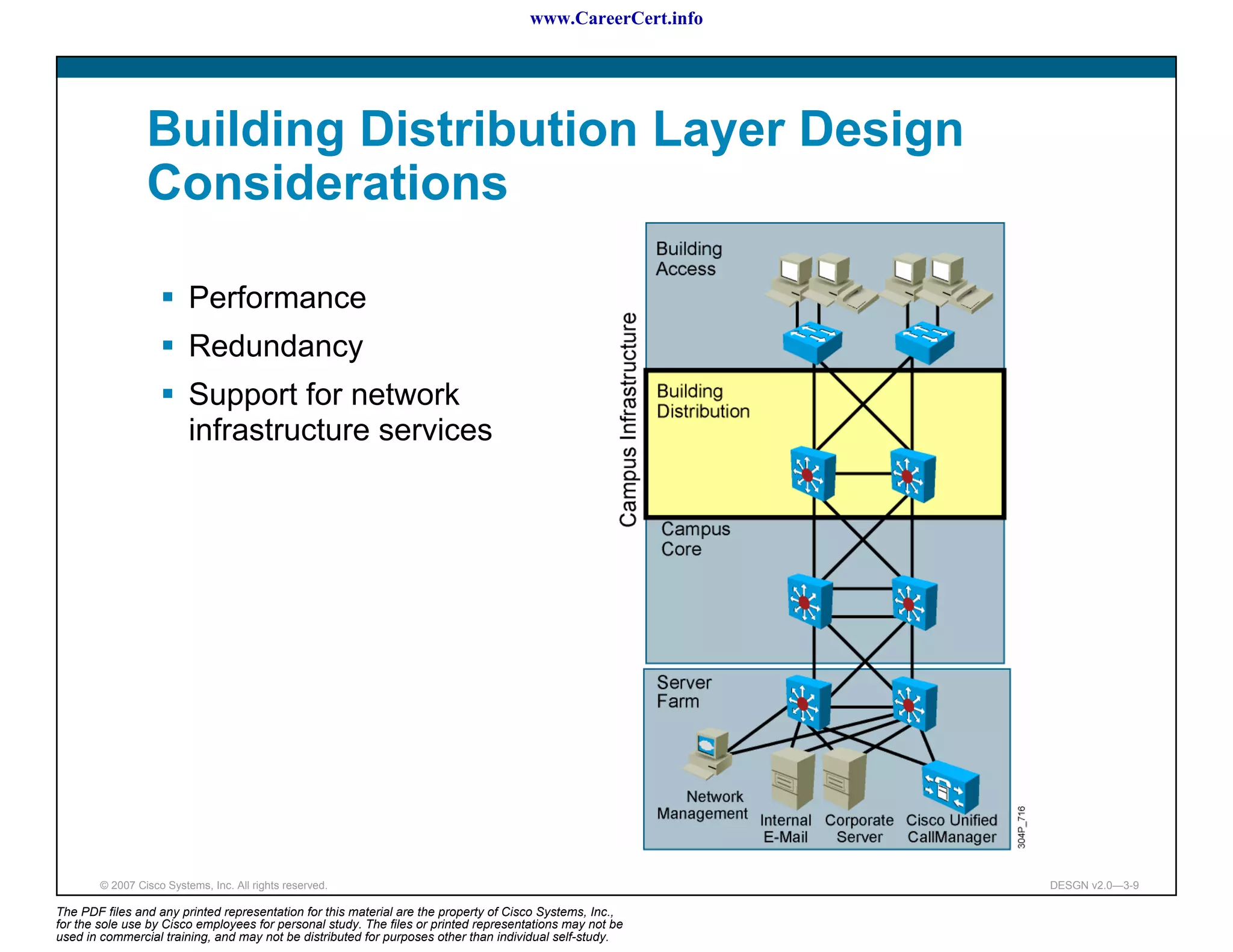 www.CareerCert.info




                 Building Distribution Layer Design
                 Considerations

                          Performance
                          Redundancy
                          Support for network
                          infrastructure services




        © 2007 Cisco Systems, Inc. All rights reserved.                                                     DESGN v2.0—3-9

The PDF files and any printed representation for this material are the property of Cisco Systems, Inc.,
for the sole use by Cisco employees for personal study. The files or printed representations may not be
used in commercial training, and may not be distributed for purposes other than individual self-study.
 