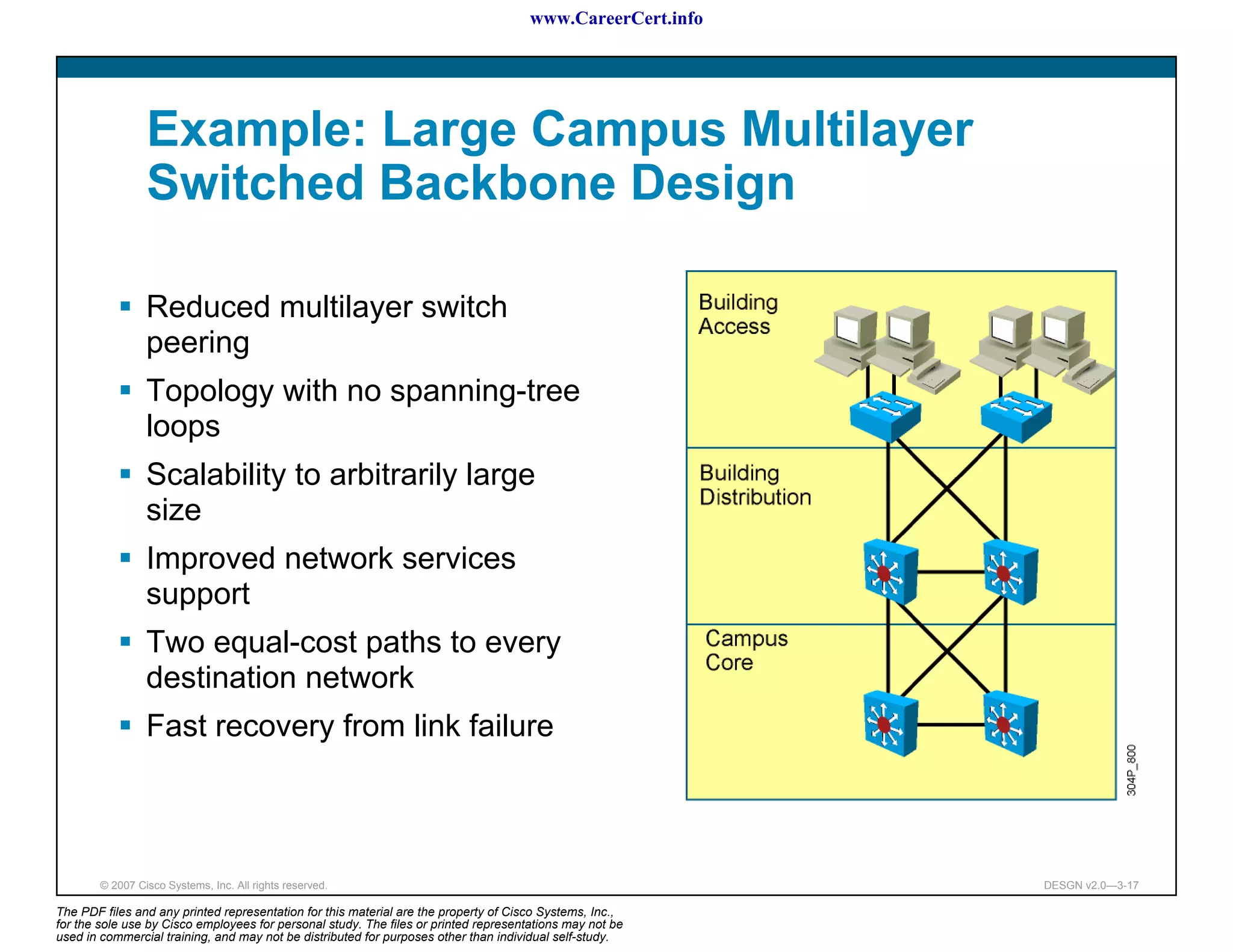 www.CareerCert.info




                 Example: Large Campus Multilayer
                 Switched Backbone Design

                 Reduced multilayer switch
                 peering
                 Topology with no spanning-tree
                 loops
                 Scalability to arbitrarily large
                 size
                 Improved network services
                 support
                 Two equal-cost paths to every
                 destination network
                 Fast recovery from link failure



        © 2007 Cisco Systems, Inc. All rights reserved.                                                     DESGN v2.0—3-17

The PDF files and any printed representation for this material are the property of Cisco Systems, Inc.,
for the sole use by Cisco employees for personal study. The files or printed representations may not be
used in commercial training, and may not be distributed for purposes other than individual self-study.
 