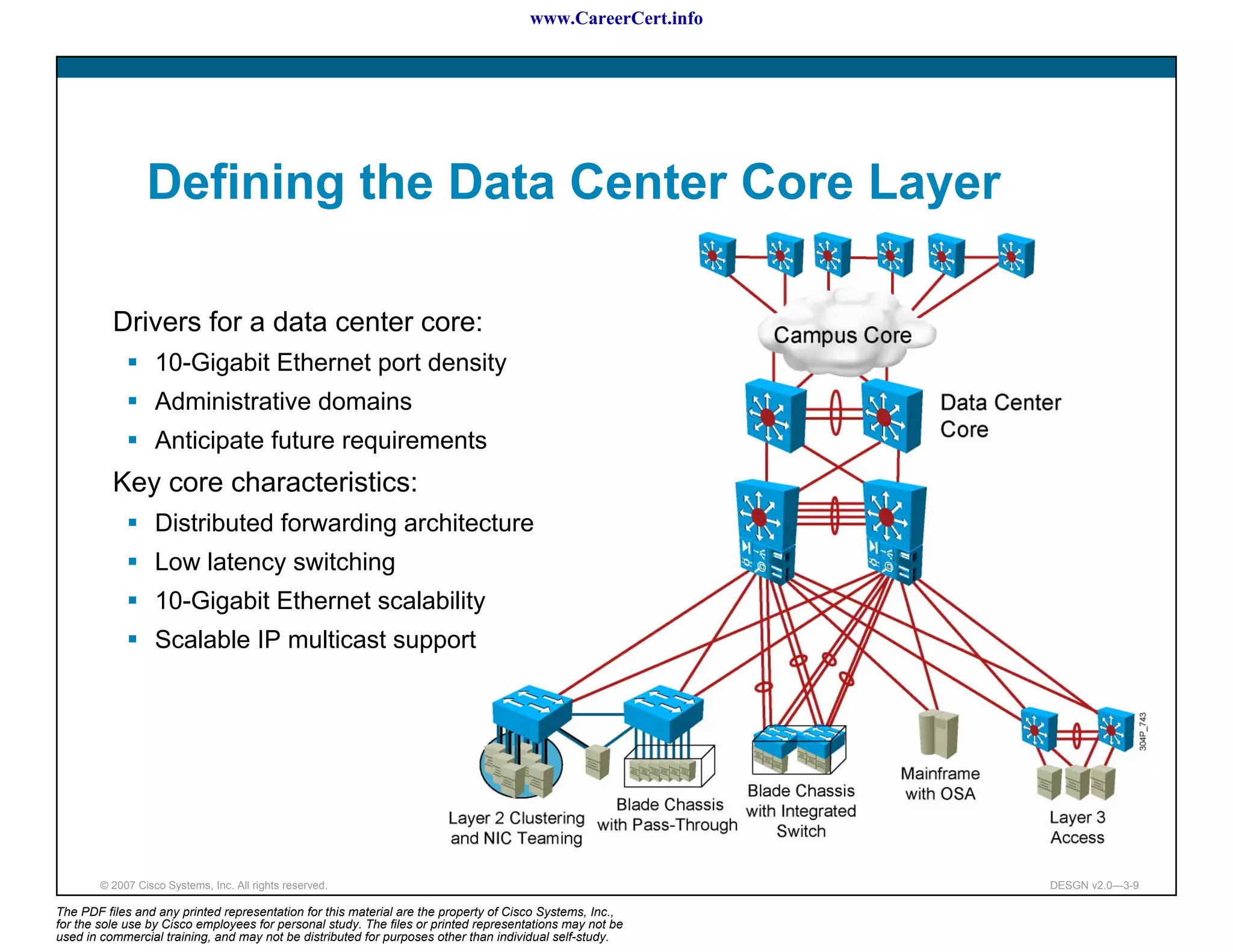www.CareerCert.info




                 Defining the Data Center Core Layer

          Drivers for a data center core:
                   10-Gigabit Ethernet port density
                   Administrative domains
                   Anticipate future requirements
          Key core characteristics:
                   Distributed forwarding architecture
                   Low latency switching
                   10-Gigabit Ethernet scalability
                   Scalable IP multicast support




        © 2007 Cisco Systems, Inc. All rights reserved.                                                     DESGN v2.0—3-9

The PDF files and any printed representation for this material are the property of Cisco Systems, Inc.,
for the sole use by Cisco employees for personal study. The files or printed representations may not be
used in commercial training, and may not be distributed for purposes other than individual self-study.
 
