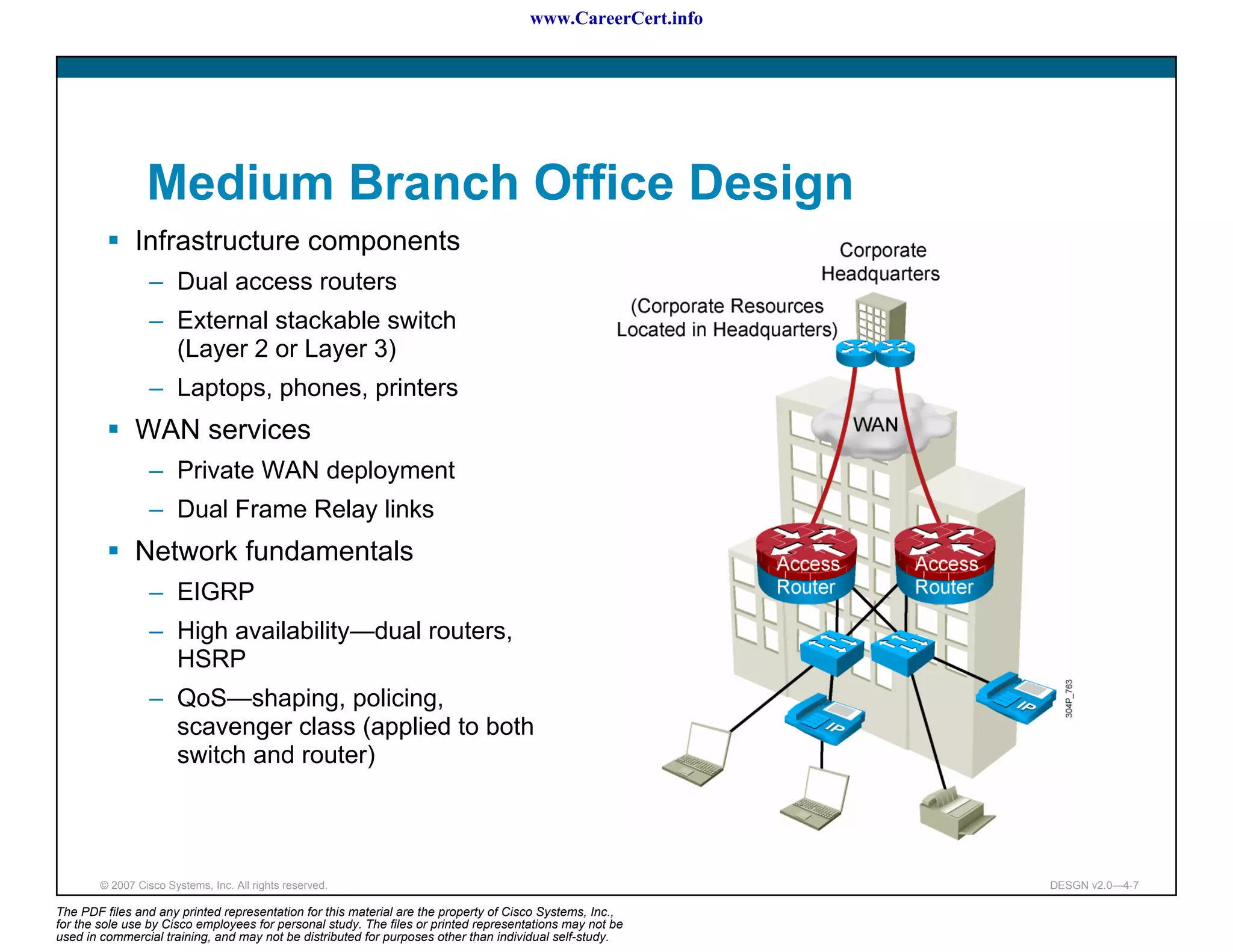 www.CareerCert.info




                 Medium Branch Office Design
               Infrastructure components
                  – Dual access routers
                  – External stackable switch
                    (Layer 2 or Layer 3)
                  – Laptops, phones, printers
               WAN services
                  – Private WAN deployment
                  – Dual Frame Relay links
               Network fundamentals
                  – EIGRP
                  – High availability—dual routers,
                    HSRP
                  – QoS—shaping, policing,
                    scavenger class (applied to both
                    switch and router)




        © 2007 Cisco Systems, Inc. All rights reserved.                                                     DESGN v2.0—4-7

The PDF files and any printed representation for this material are the property of Cisco Systems, Inc.,
for the sole use by Cisco employees for personal study. The files or printed representations may not be
used in commercial training, and may not be distributed for purposes other than individual self-study.
 