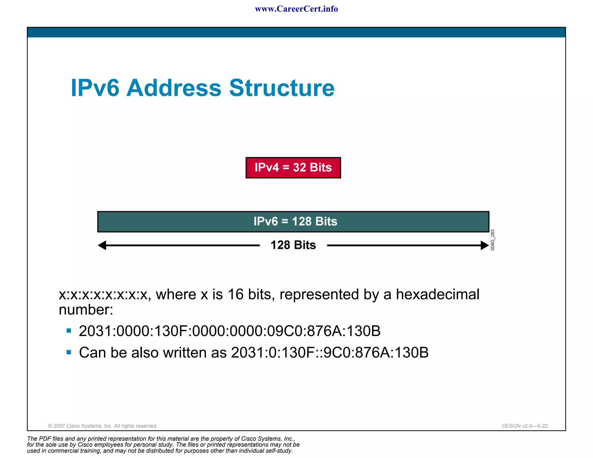 www.CareerCert.info




                 IPv6 Address Structure




            x:x:x:x:x:x:x:x, where x is 16 bits, represented by a hexadecimal
            number:
               2031:0000:130F:0000:0000:09C0:876A:130B
               Can be also written as 2031:0:130F::9C0:876A:130B



        © 2007 Cisco Systems, Inc. All rights reserved.                                                     DESGN v2.0—5-22

The PDF files and any printed representation for this material are the property of Cisco Systems, Inc.,
for the sole use by Cisco employees for personal study. The files or printed representations may not be
used in commercial training, and may not be distributed for purposes other than individual self-study.
 