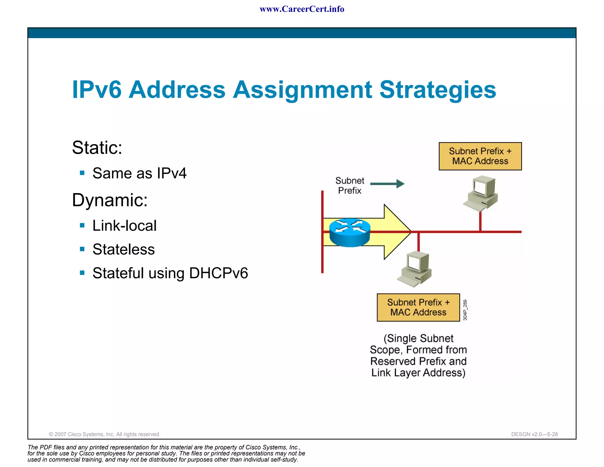 www.CareerCert.info




                 IPv6 Address Assignment Strategies

                 Static:
                          Same as IPv4
                 Dynamic:
                          Link-local
                          Stateless
                          Stateful using DHCPv6




        © 2007 Cisco Systems, Inc. All rights reserved.                                                     DESGN v2.0—5-28

The PDF files and any printed representation for this material are the property of Cisco Systems, Inc.,
for the sole use by Cisco employees for personal study. The files or printed representations may not be
used in commercial training, and may not be distributed for purposes other than individual self-study.
 