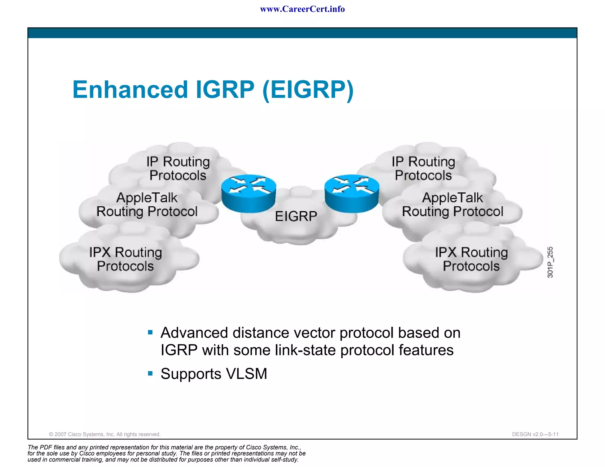 www.CareerCert.info




                 Enhanced IGRP (EIGRP)




                                                      Advanced distance vector protocol based on
                                                      IGRP with some link-state protocol features
                                                      Supports VLSM


        © 2007 Cisco Systems, Inc. All rights reserved.                                                     DESGN v2.0—5-11

The PDF files and any printed representation for this material are the property of Cisco Systems, Inc.,
for the sole use by Cisco employees for personal study. The files or printed representations may not be
used in commercial training, and may not be distributed for purposes other than individual self-study.
 