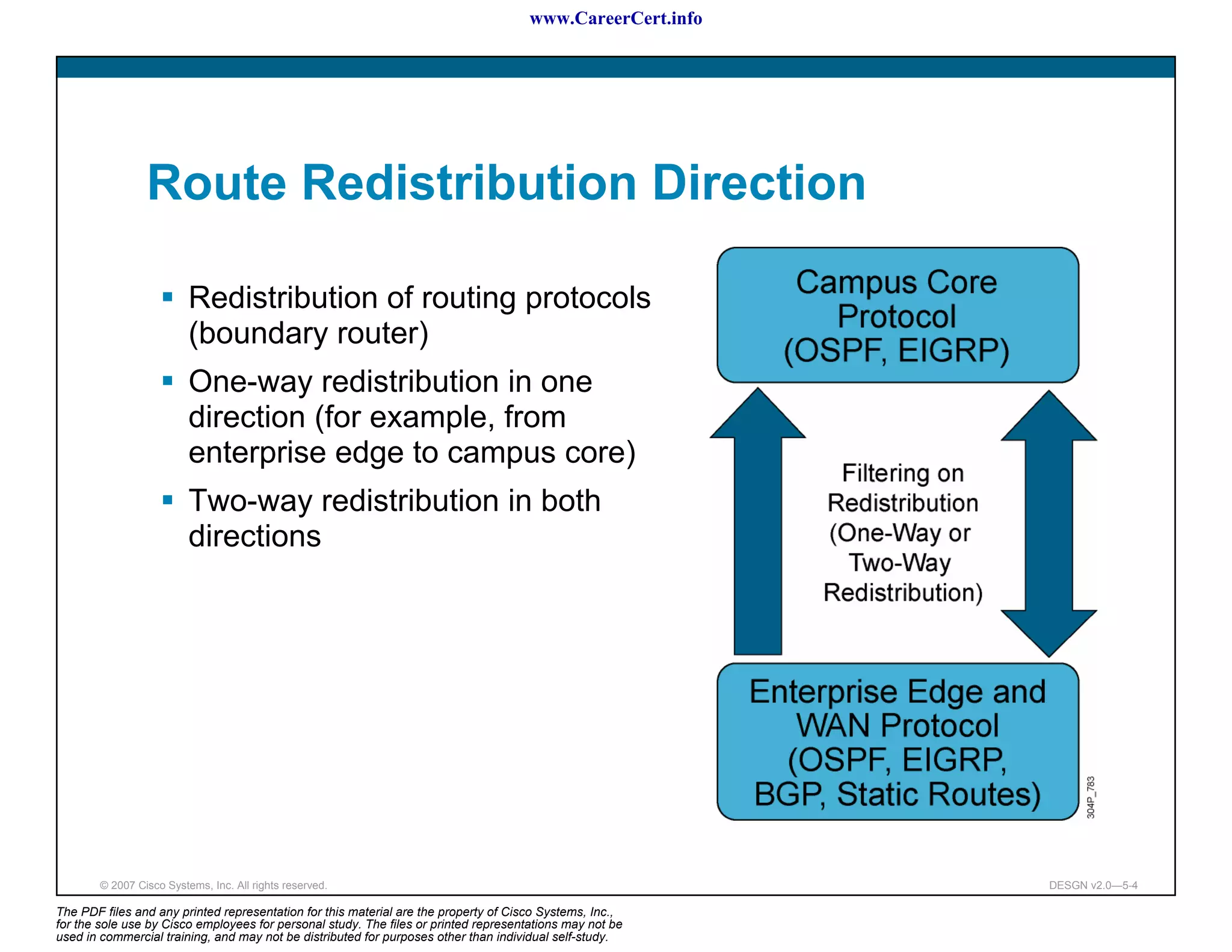 www.CareerCert.info




                 Route Redistribution Direction

                          Redistribution of routing protocols
                          (boundary router)
                          One-way redistribution in one
                          direction (for example, from
                          enterprise edge to campus core)
                          Two-way redistribution in both
                          directions




        © 2007 Cisco Systems, Inc. All rights reserved.                                                     DESGN v2.0—5-4

The PDF files and any printed representation for this material are the property of Cisco Systems, Inc.,
for the sole use by Cisco employees for personal study. The files or printed representations may not be
used in commercial training, and may not be distributed for purposes other than individual self-study.
 