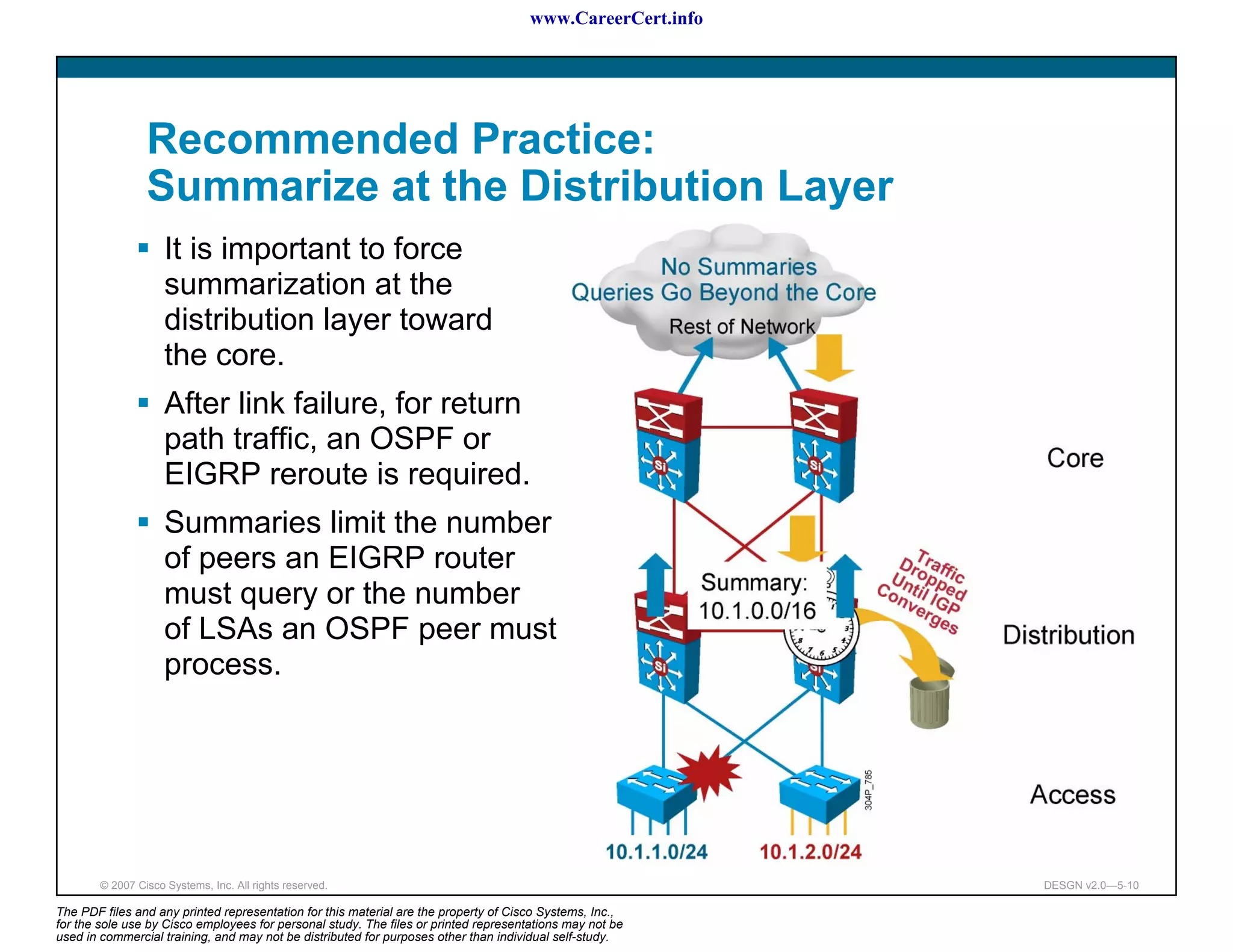 www.CareerCert.info




                 Recommended Practice:
                 Summarize at the Distribution Layer
                     It is important to force
                     summarization at the
                     distribution layer toward
                     the core.
                     After link failure, for return
                     path traffic, an OSPF or
                     EIGRP reroute is required.
                     Summaries limit the number
                     of peers an EIGRP router
                     must query or the number
                     of LSAs an OSPF peer must
                     process.




        © 2007 Cisco Systems, Inc. All rights reserved.                                                     DESGN v2.0—5-10

The PDF files and any printed representation for this material are the property of Cisco Systems, Inc.,
for the sole use by Cisco employees for personal study. The files or printed representations may not be
used in commercial training, and may not be distributed for purposes other than individual self-study.
 