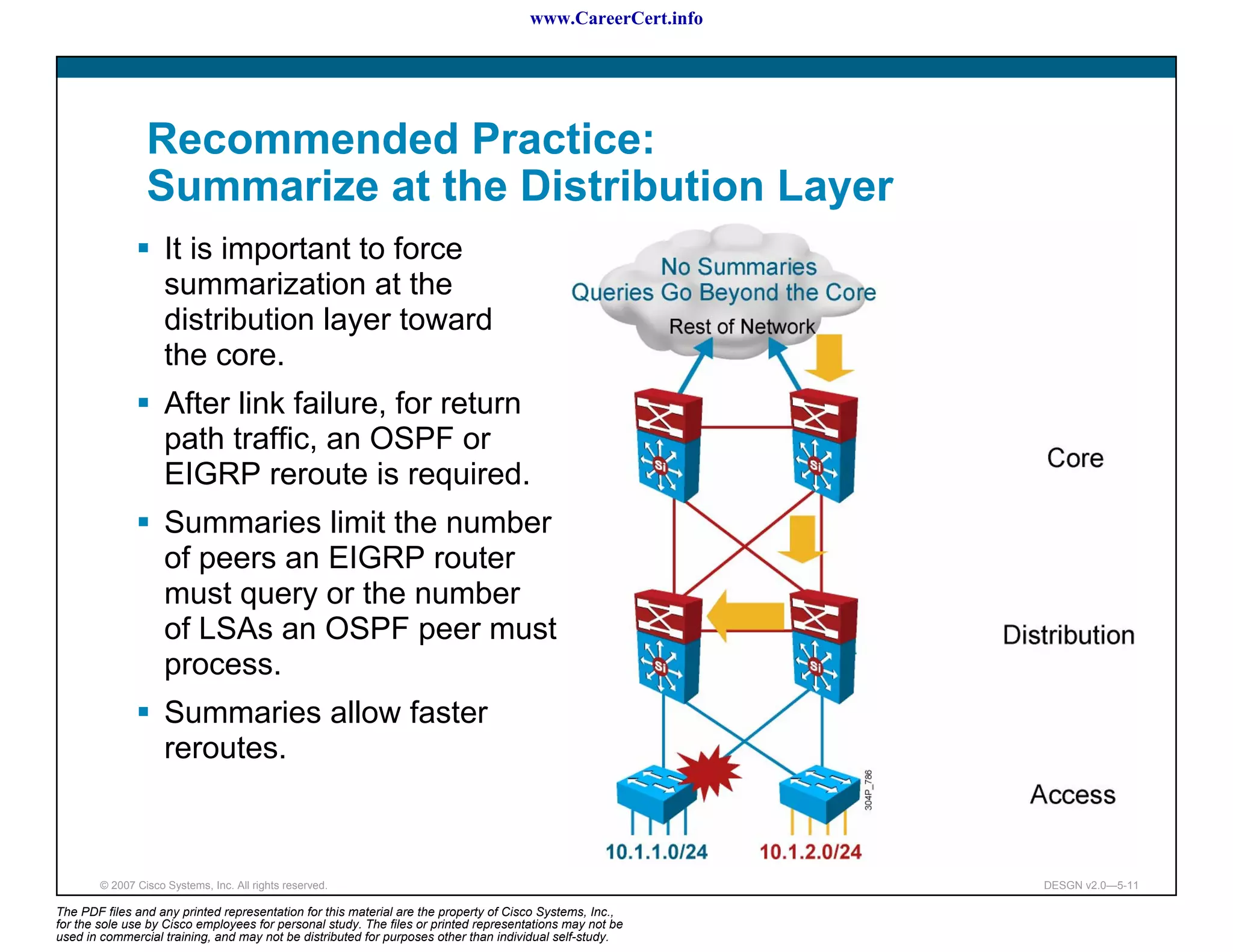 www.CareerCert.info




                 Recommended Practice:
                 Summarize at the Distribution Layer
                     It is important to force
                     summarization at the
                     distribution layer toward
                     the core.
                     After link failure, for return
                     path traffic, an OSPF or
                     EIGRP reroute is required.
                     Summaries limit the number
                     of peers an EIGRP router
                     must query or the number
                     of LSAs an OSPF peer must
                     process.
                     Summaries allow faster
                     reroutes.



        © 2007 Cisco Systems, Inc. All rights reserved.                                                     DESGN v2.0—5-11

The PDF files and any printed representation for this material are the property of Cisco Systems, Inc.,
for the sole use by Cisco employees for personal study. The files or printed representations may not be
used in commercial training, and may not be distributed for purposes other than individual self-study.
 