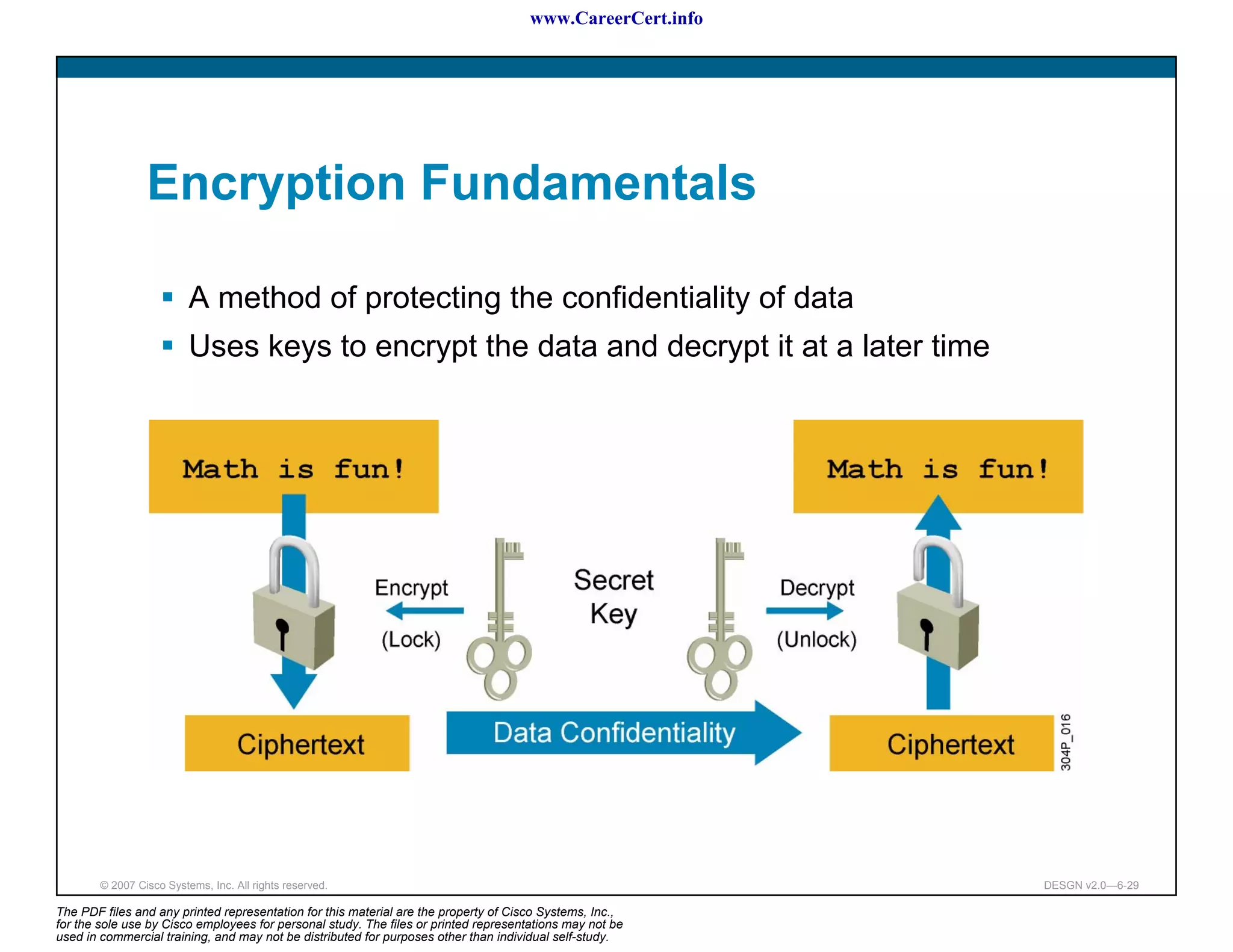 www.CareerCert.info




                 Encryption Fundamentals

                          A method of protecting the confidentiality of data
                          Uses keys to encrypt the data and decrypt it at a later time




        © 2007 Cisco Systems, Inc. All rights reserved.                                                     DESGN v2.0—6-29

The PDF files and any printed representation for this material are the property of Cisco Systems, Inc.,
for the sole use by Cisco employees for personal study. The files or printed representations may not be
used in commercial training, and may not be distributed for purposes other than individual self-study.
 