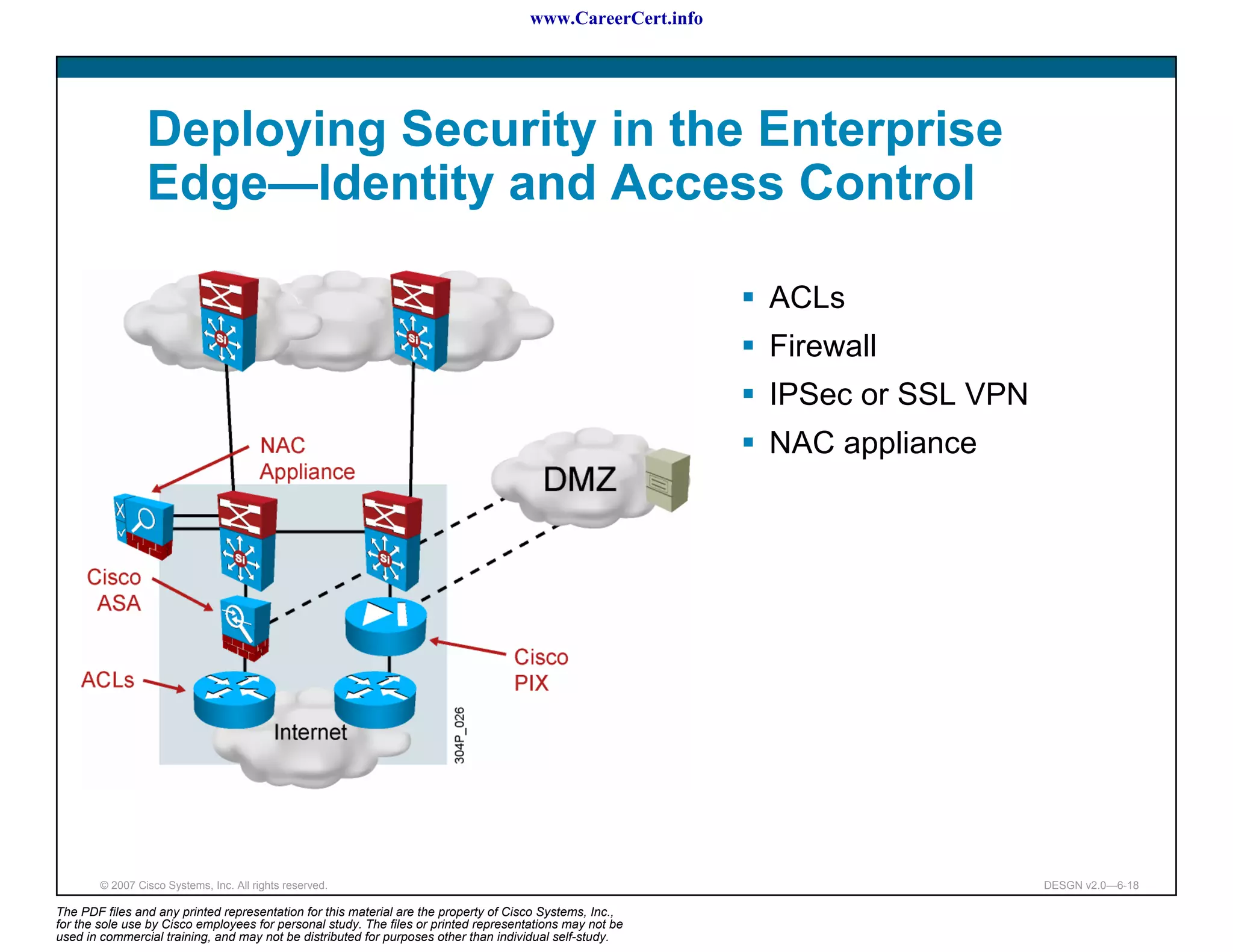 www.CareerCert.info




                 Deploying Security in the Enterprise
                 Edge—Identity and Access Control

                                                                                                            ACLs
                                                                                                            Firewall
                                                                                                            IPSec or SSL VPN
                                                                                                            NAC appliance




        © 2007 Cisco Systems, Inc. All rights reserved.                                                                        DESGN v2.0—6-18

The PDF files and any printed representation for this material are the property of Cisco Systems, Inc.,
for the sole use by Cisco employees for personal study. The files or printed representations may not be
used in commercial training, and may not be distributed for purposes other than individual self-study.
 
