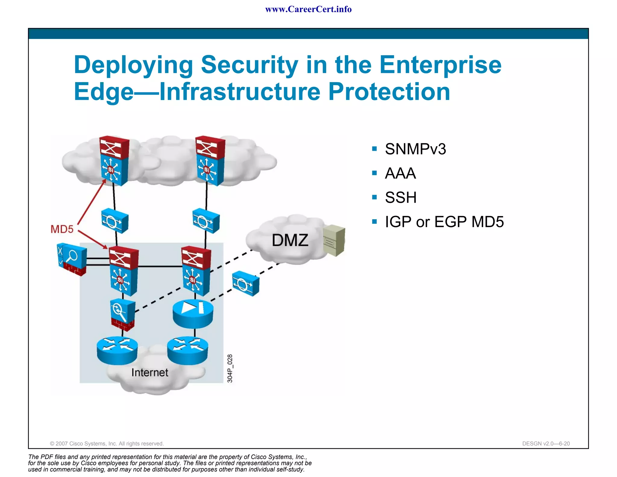 www.CareerCert.info




                 Deploying Security in the Enterprise
                 Edge—Infrastructure Protection

                                                                                                            SNMPv3
                                                                                                            AAA
                                                                                                            SSH
                                                                                                            IGP or EGP MD5




        © 2007 Cisco Systems, Inc. All rights reserved.                                                                      DESGN v2.0—6-20

The PDF files and any printed representation for this material are the property of Cisco Systems, Inc.,
for the sole use by Cisco employees for personal study. The files or printed representations may not be
used in commercial training, and may not be distributed for purposes other than individual self-study.
 