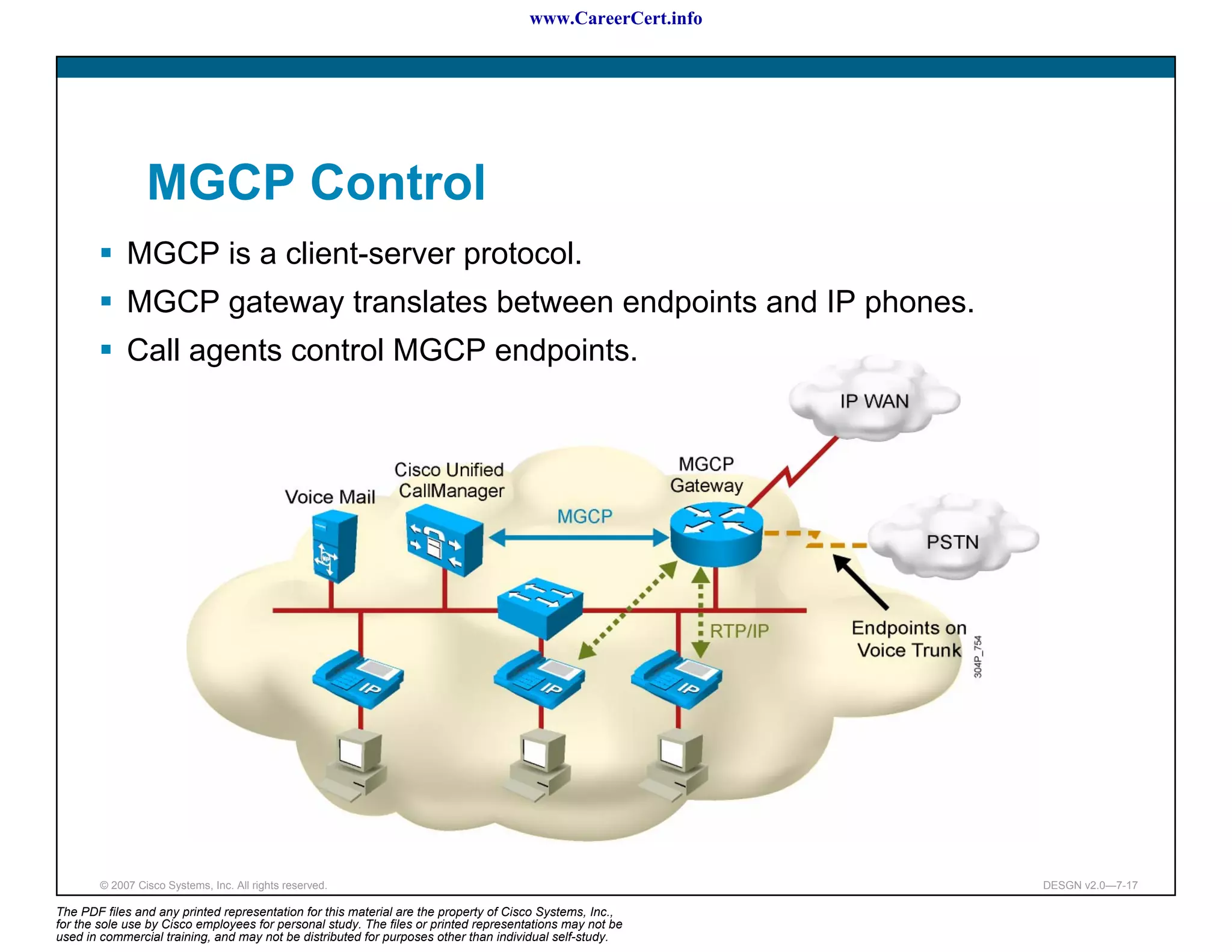 www.CareerCert.info




                 MGCP Control
             MGCP is a client-server protocol.
             MGCP gateway translates between endpoints and IP phones.
             Call agents control MGCP endpoints.




        © 2007 Cisco Systems, Inc. All rights reserved.                                                     DESGN v2.0—7-17

The PDF files and any printed representation for this material are the property of Cisco Systems, Inc.,
for the sole use by Cisco employees for personal study. The files or printed representations may not be
used in commercial training, and may not be distributed for purposes other than individual self-study.
 