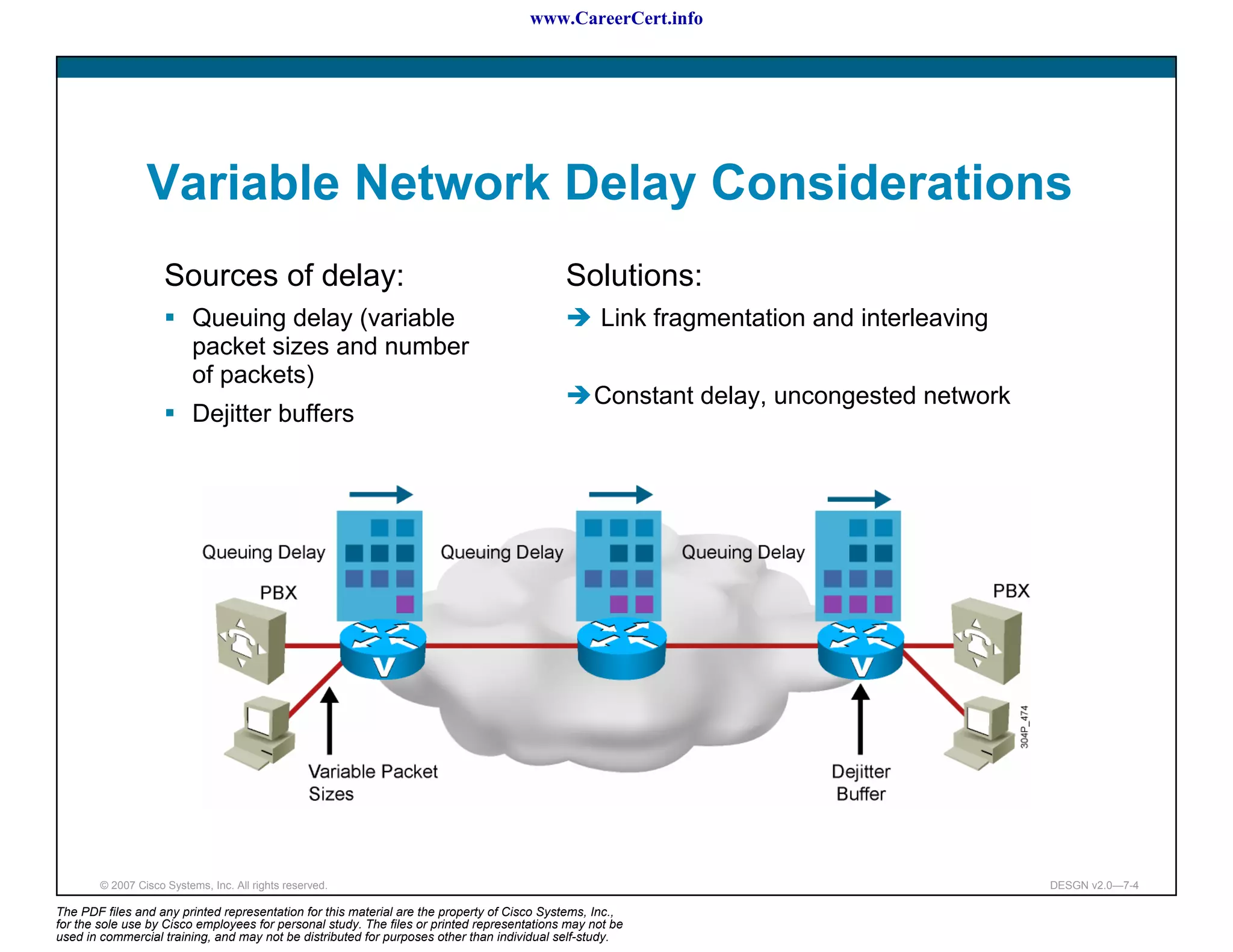 www.CareerCert.info




                 Variable Network Delay Considerations
                     Sources of delay:                                                      Solutions:
                           Queuing delay (variable                                                Link fragmentation and interleaving
                           packet sizes and number
                           of packets)
                                                                                                 Constant delay, uncongested network
                           Dejitter buffers




        © 2007 Cisco Systems, Inc. All rights reserved.                                                                                 DESGN v2.0—7-4

The PDF files and any printed representation for this material are the property of Cisco Systems, Inc.,
for the sole use by Cisco employees for personal study. The files or printed representations may not be
used in commercial training, and may not be distributed for purposes other than individual self-study.
 