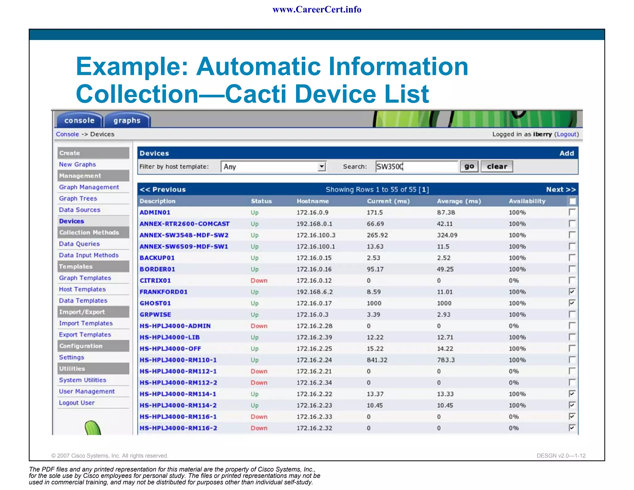 www.CareerCert.info




                 Example: Automatic Information
                 Collection—Cacti Device List




        © 2007 Cisco Systems, Inc. All rights reserved.                                                     DESGN v2.0—1-12

The PDF files and any printed representation for this material are the property of Cisco Systems, Inc.,
for the sole use by Cisco employees for personal study. The files or printed representations may not be
used in commercial training, and may not be distributed for purposes other than individual self-study.
 