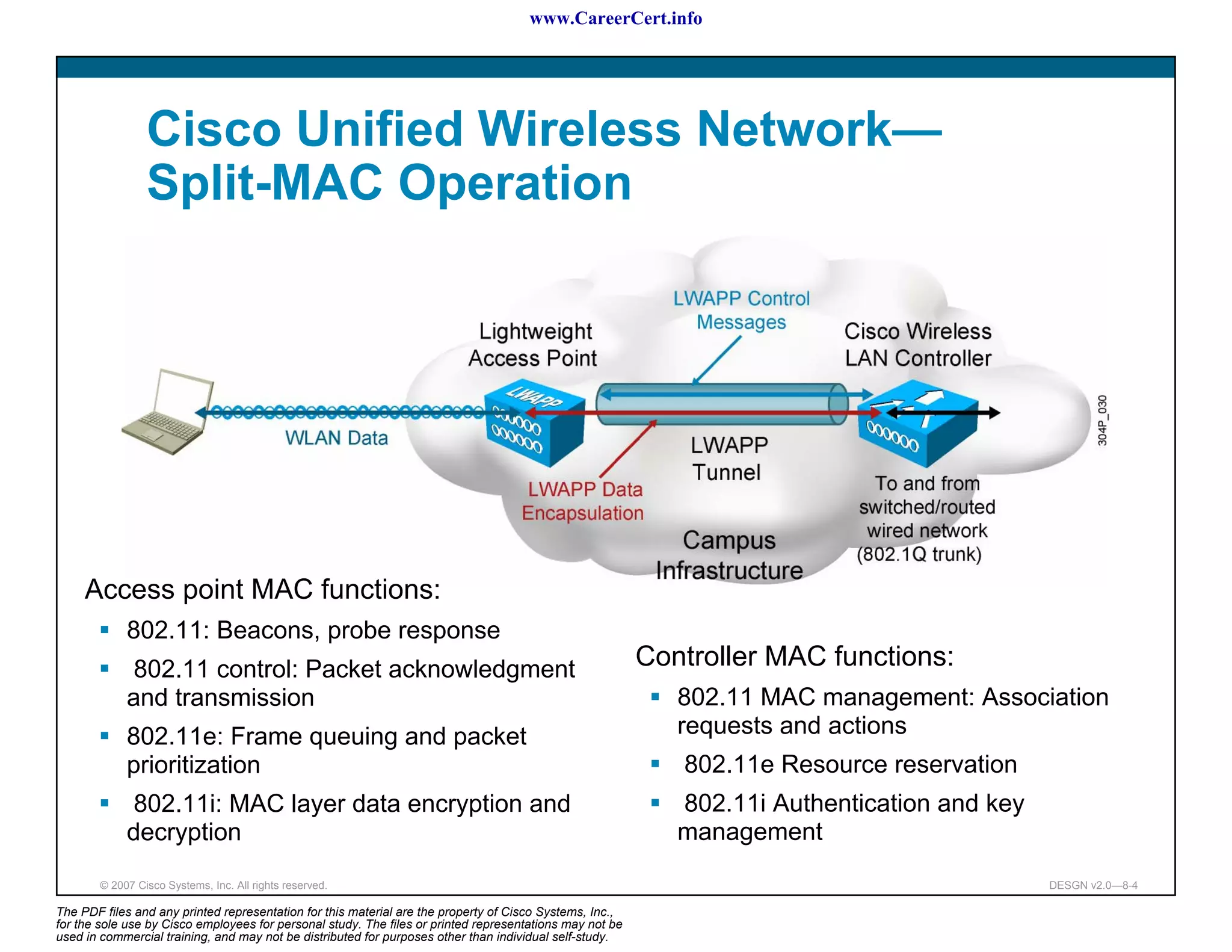 www.CareerCert.info




                 Cisco Unified Wireless Network—
                 Split-MAC Operation




     Access point MAC functions:
             802.11: Beacons, probe response
             802.11 control: Packet acknowledgment                                                        Controller MAC functions:
             and transmission                                                                                802.11 MAC management: Association
             802.11e: Frame queuing and packet                                                               requests and actions
             prioritization                                                                                  802.11e Resource reservation
             802.11i: MAC layer data encryption and                                                          802.11i Authentication and key
             decryption                                                                                      management
        © 2007 Cisco Systems, Inc. All rights reserved.                                                                                       DESGN v2.0—8-4

The PDF files and any printed representation for this material are the property of Cisco Systems, Inc.,
for the sole use by Cisco employees for personal study. The files or printed representations may not be
used in commercial training, and may not be distributed for purposes other than individual self-study.
 