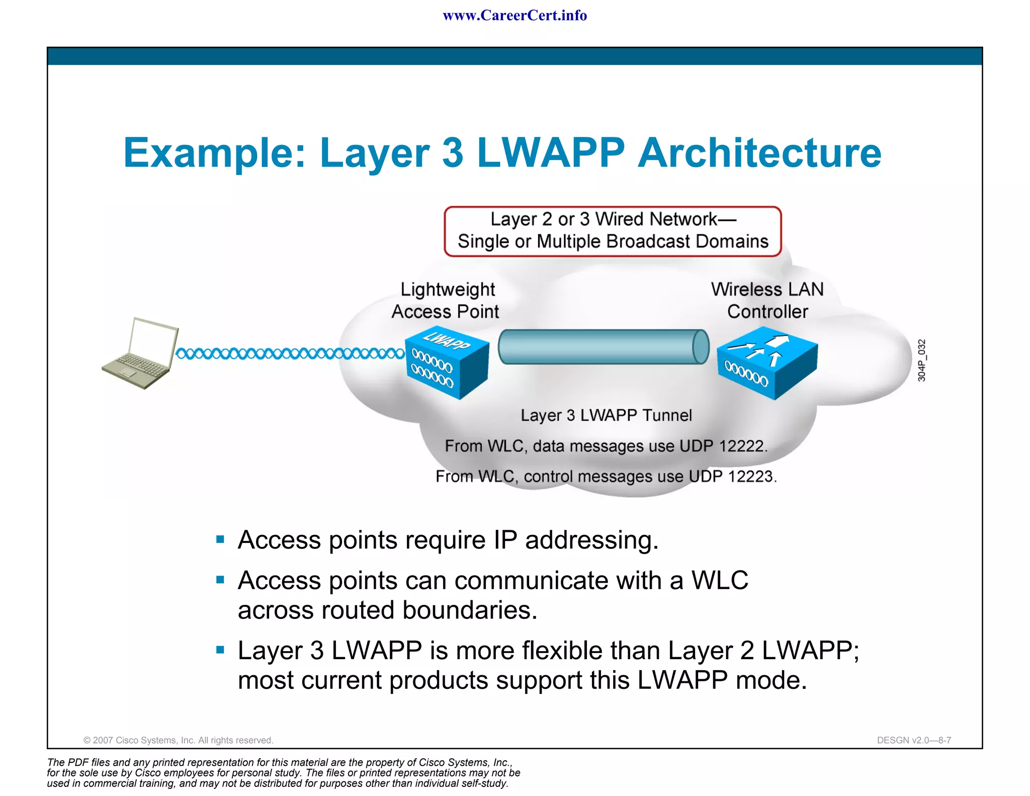 www.CareerCert.info




                 Example: Layer 3 LWAPP Architecture




                                              Access points require IP addressing.
                                              Access points can communicate with a WLC
                                              across routed boundaries.
                                              Layer 3 LWAPP is more flexible than Layer 2 LWAPP;
                                              most current products support this LWAPP mode.

        © 2007 Cisco Systems, Inc. All rights reserved.                                                     DESGN v2.0—8-7

The PDF files and any printed representation for this material are the property of Cisco Systems, Inc.,
for the sole use by Cisco employees for personal study. The files or printed representations may not be
used in commercial training, and may not be distributed for purposes other than individual self-study.
 