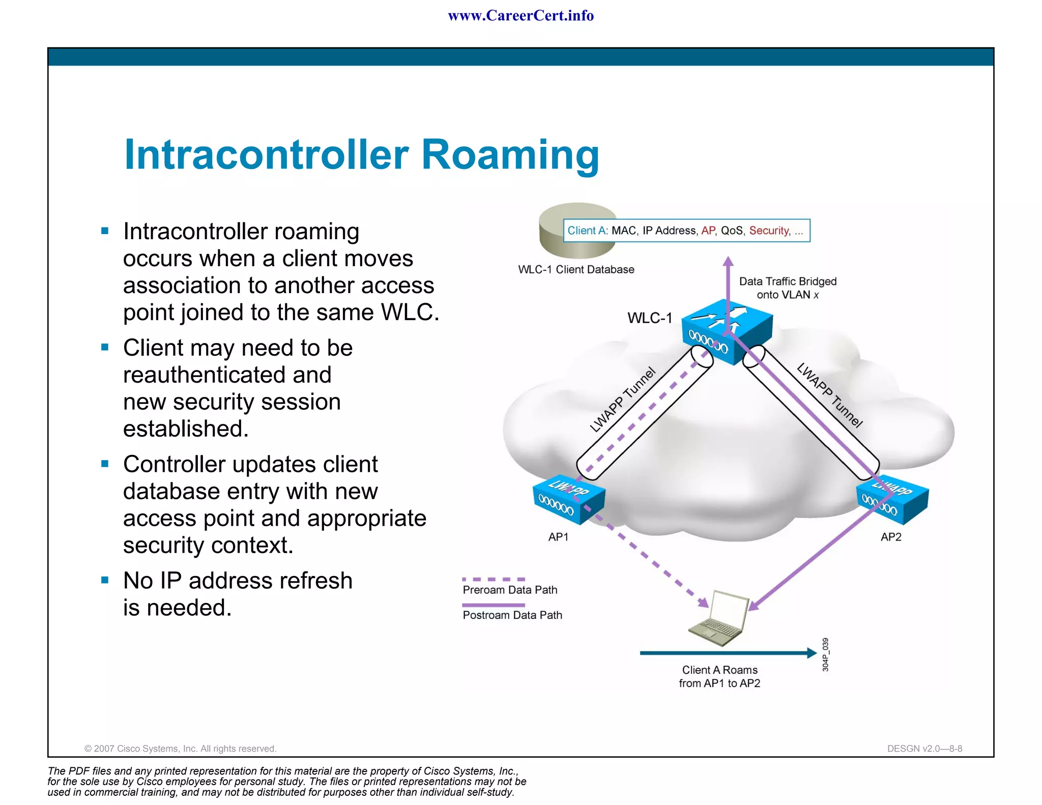 www.CareerCert.info




                 Intracontroller Roaming
                 Intracontroller roaming
                 occurs when a client moves
                 association to another access
                 point joined to the same WLC.
                 Client may need to be
                 reauthenticated and
                 new security session
                 established.
                 Controller updates client
                 database entry with new
                 access point and appropriate
                 security context.
                 No IP address refresh
                 is needed.




        © 2007 Cisco Systems, Inc. All rights reserved.                                                     DESGN v2.0—8-8

The PDF files and any printed representation for this material are the property of Cisco Systems, Inc.,
for the sole use by Cisco employees for personal study. The files or printed representations may not be
used in commercial training, and may not be distributed for purposes other than individual self-study.
 