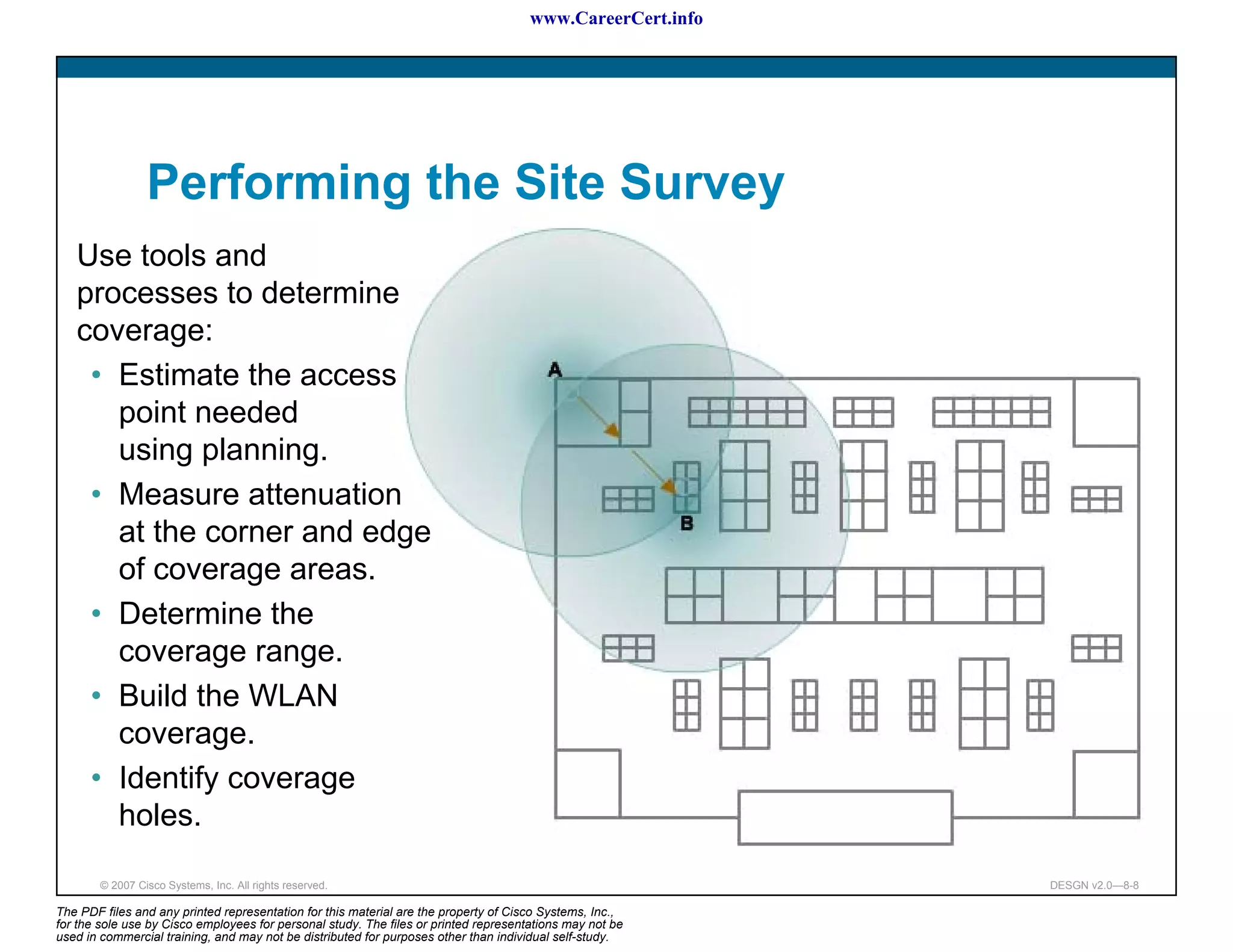 www.CareerCert.info




                 Performing the Site Survey
   Use tools and
   processes to determine
   coverage:
    • Estimate the access
      point needed
      using planning.
    • Measure attenuation
      at the corner and edge
      of coverage areas.
    • Determine the
      coverage range.
    • Build the WLAN
      coverage.
    • Identify coverage
      holes.

        © 2007 Cisco Systems, Inc. All rights reserved.                                                     DESGN v2.0—8-8

The PDF files and any printed representation for this material are the property of Cisco Systems, Inc.,
for the sole use by Cisco employees for personal study. The files or printed representations may not be
used in commercial training, and may not be distributed for purposes other than individual self-study.
 