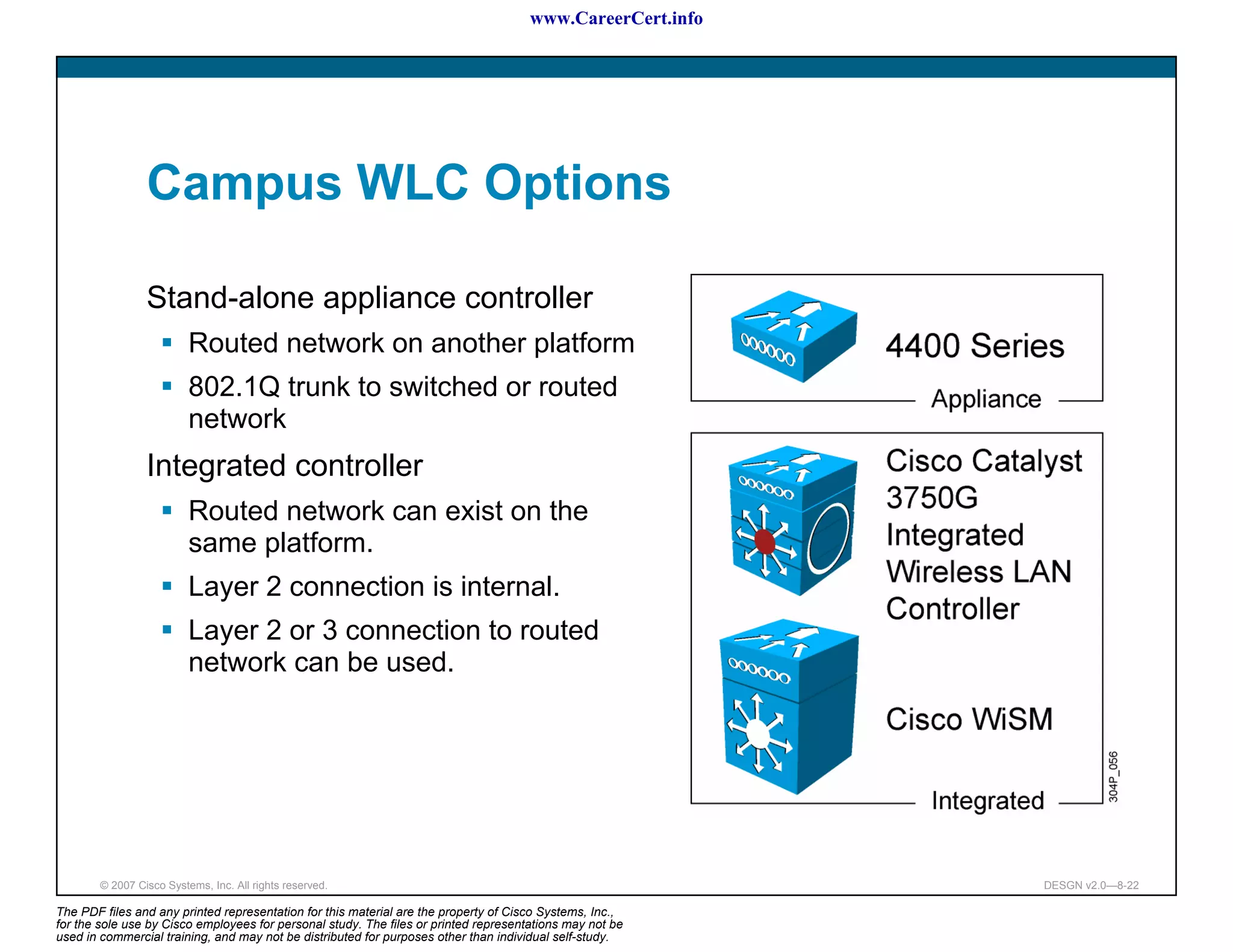 www.CareerCert.info




                 Campus WLC Options

                 Stand-alone appliance controller
                          Routed network on another platform
                          802.1Q trunk to switched or routed
                          network
                 Integrated controller
                          Routed network can exist on the
                          same platform.
                          Layer 2 connection is internal.
                          Layer 2 or 3 connection to routed
                          network can be used.




        © 2007 Cisco Systems, Inc. All rights reserved.                                                     DESGN v2.0—8-22

The PDF files and any printed representation for this material are the property of Cisco Systems, Inc.,
for the sole use by Cisco employees for personal study. The files or printed representations may not be
used in commercial training, and may not be distributed for purposes other than individual self-study.
 