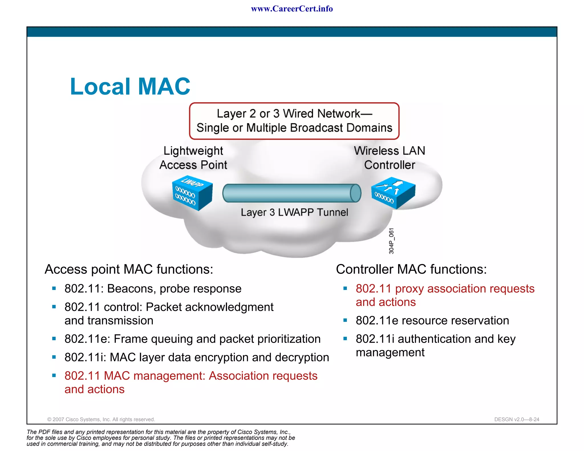 www.CareerCert.info




                 Local MAC




      Access point MAC functions:                                                                           Controller MAC functions:
               802.11: Beacons, probe response                                                                 802.11 proxy association requests
               802.11 control: Packet acknowledgment                                                           and actions
               and transmission                                                                                802.11e resource reservation
               802.11e: Frame queuing and packet prioritization                                                802.11i authentication and key
               802.11i: MAC layer data encryption and decryption                                               management
               802.11 MAC management: Association requests
               and actions

        © 2007 Cisco Systems, Inc. All rights reserved.                                                                                  DESGN v2.0—8-24

The PDF files and any printed representation for this material are the property of Cisco Systems, Inc.,
for the sole use by Cisco employees for personal study. The files or printed representations may not be
used in commercial training, and may not be distributed for purposes other than individual self-study.
 