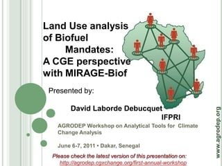 Land Use analysis
of Biofuel
     Mandates:
A CGE perspective
with MIRAGE-Biof
 Presented by:

         David Laborde Debucquet




                                                             www.agrodep.org
                                IFPRI
    AGRODEP Workshop on Analytical Tools for Climate
    Change Analysis

    June 6-7, 2011 • Dakar, Senegal
  Please check the latest version of this presentation on:
     http://agrodep.cgxchange.org/first-annual-workshop
 