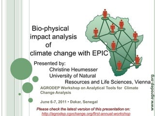 Bio-physical
impact analysis
     of
climate change with EPIC
 Presented by:
       Christine Heumesser
       University of Natural




                                                             www.agrodep.org
              Resources and Life Sciences, Vienna
    AGRODEP Workshop on Analytical Tools for Climate
    Change Analysis

    June 6-7, 2011 • Dakar, Senegal
  Please check the latest version of this presentation on:
     http://agrodep.cgxchange.org/first-annual-workshop
 
