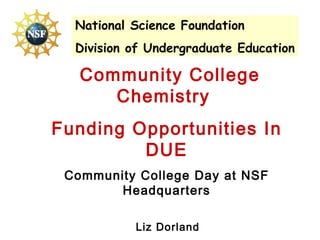 Community College Chemistry  Funding Opportunities In DUE Community College Day at NSF Headquarters Liz Dorland Chemistry Program Director Division of Undergraduate Education  April 2004 National Science Foundation Division of Undergraduate Education 