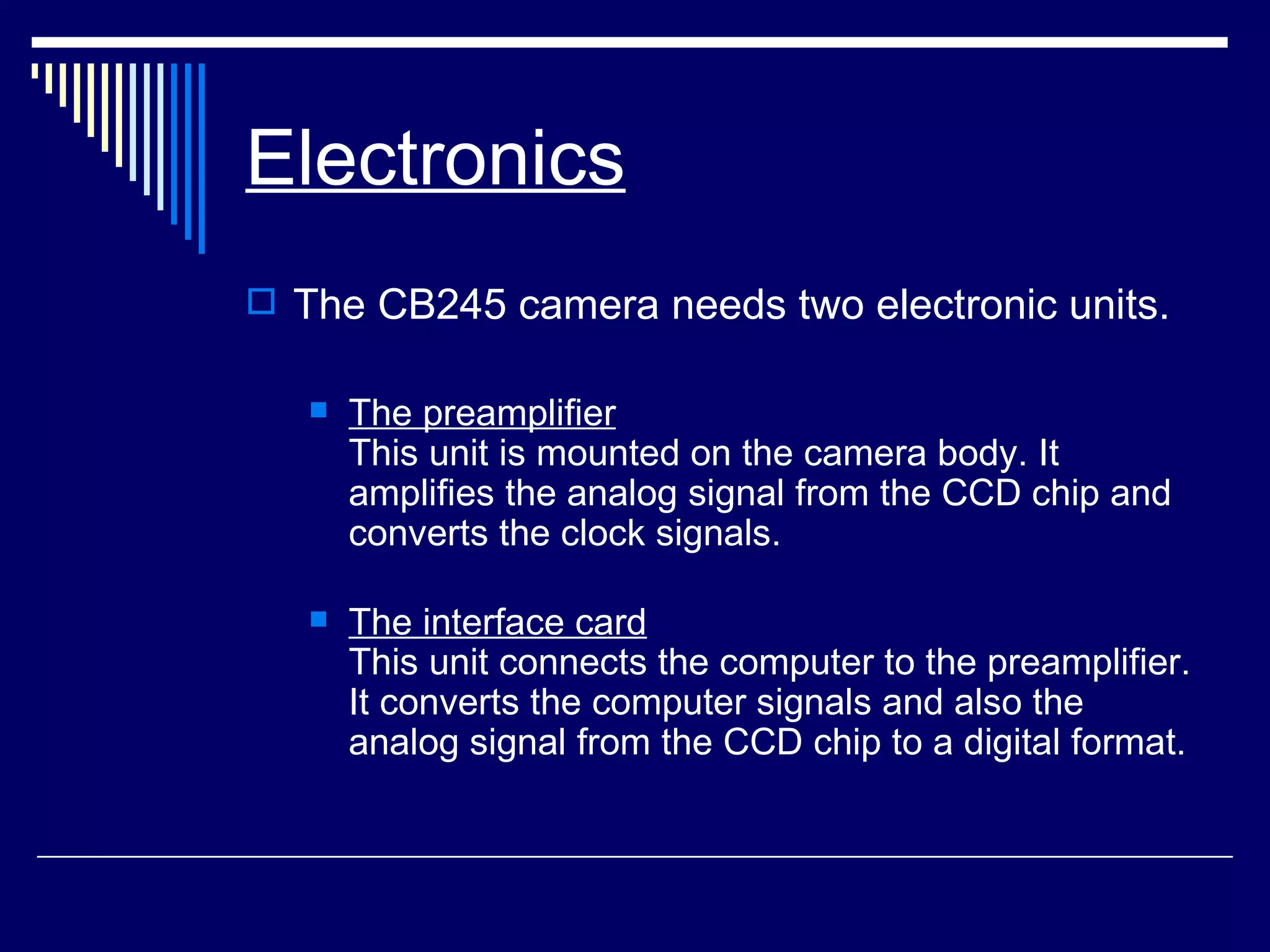 Electronics The CB245 camera needs two electronic units. The preamplifier This unit is mounted on the camera body. It amplifies the analog signal from the CCD chip and converts the clock signals. The interface card This unit connects the computer to the preamplifier. It converts the computer signals and also the analog signal from the CCD chip to a digital format. 