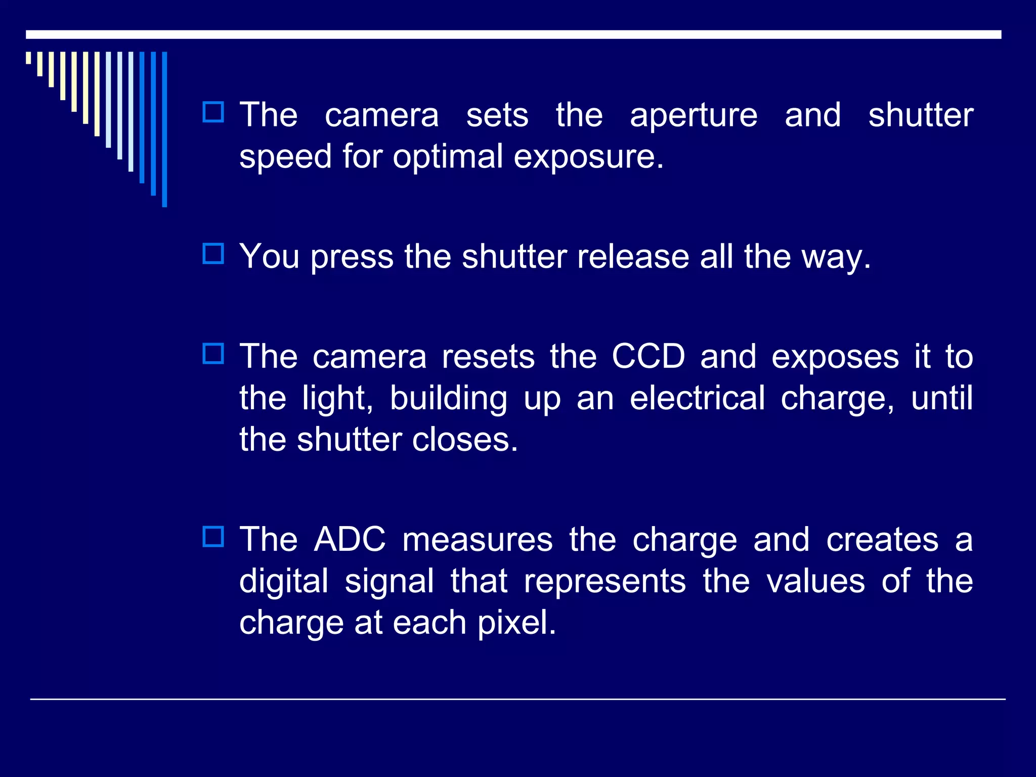 The camera sets the aperture and shutter speed for optimal exposure. You press the shutter release all the way.  The camera resets the CCD and exposes it to the light, building up an electrical charge, until the shutter closes.  The ADC measures the charge and creates a digital signal that represents the values of the charge at each pixel.  